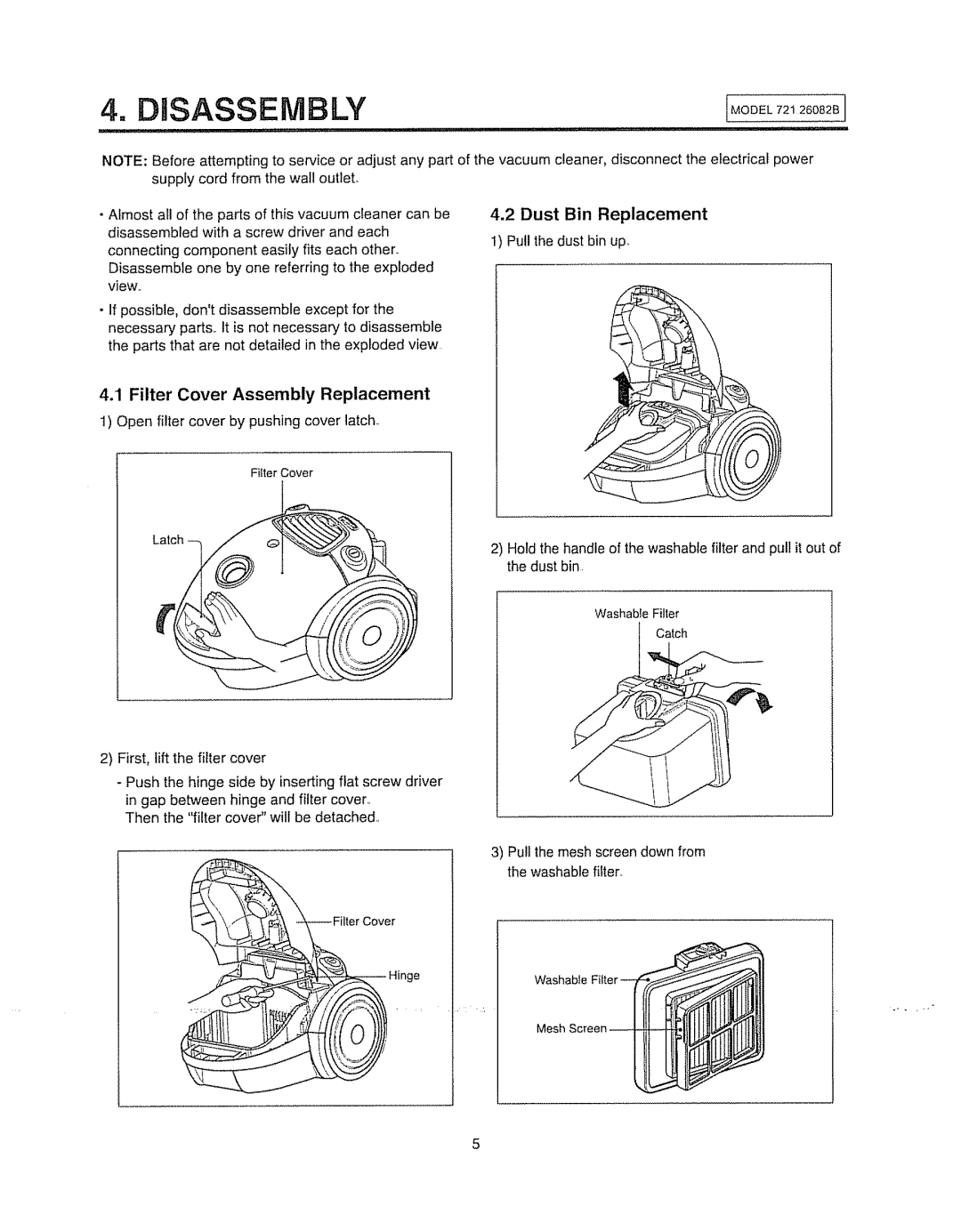 Sears 721.26082B manual Disassembly, Dust Bin Replacement 