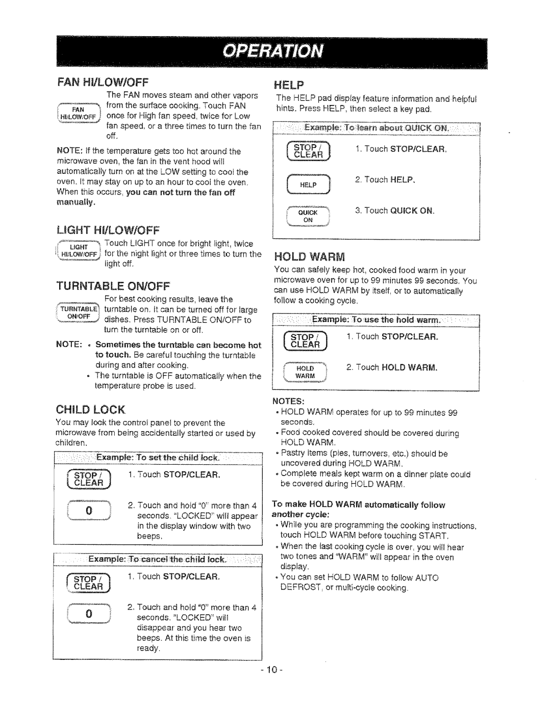 Sears 721.67601, 721.67602 owner manual Help, Turntable ON/OFF, Child Lock, Hold Warm 