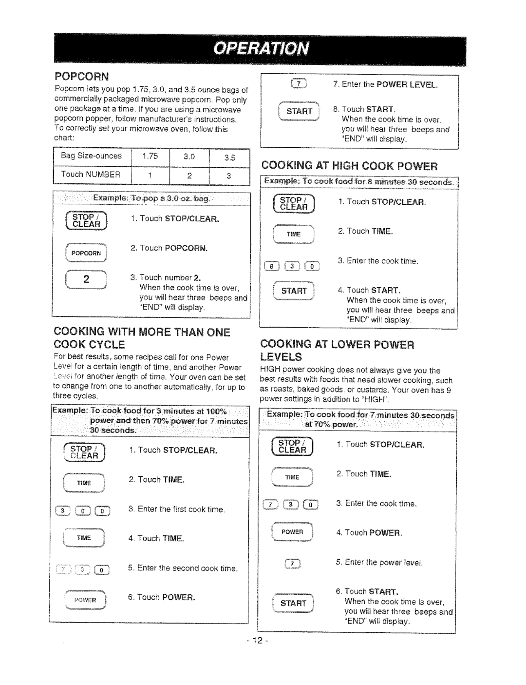 Sears 721.67601 Popcorn, Cooking AT HiGH Cook Power, Cooking WiTH More than ONE Cook Cycle, Cooking AT Lower Power, Levels 