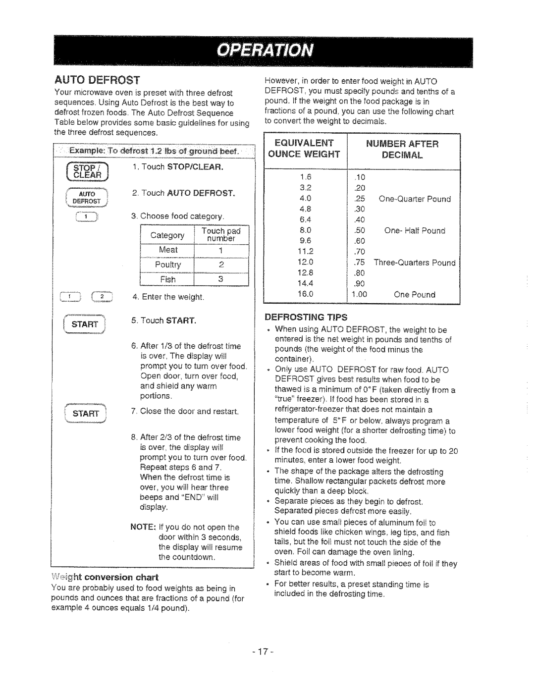 Sears 721.67602, 721.67601 owner manual Auto Defrost, Equivalentnumber After Ounce Weightdecimal, Defrostng Tips 