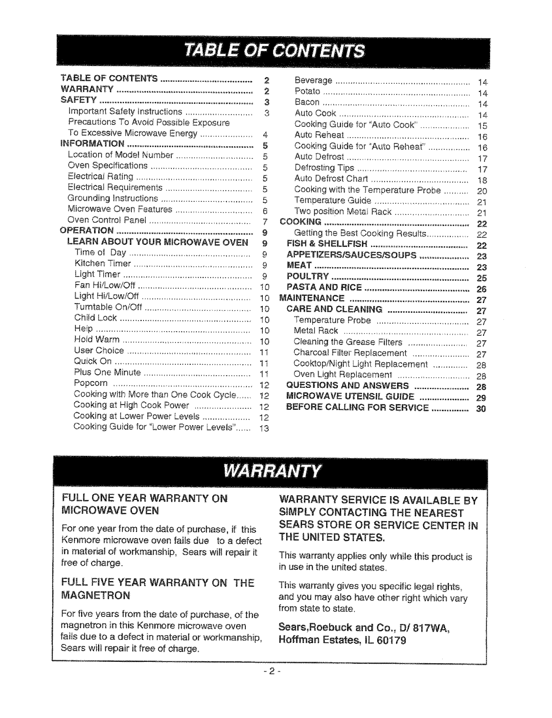 Sears 721.67602, 721.67601 owner manual Full ONE Year Warranty on Microwave Oven, Magnetron, United States 