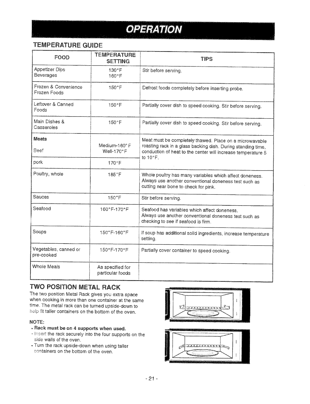 Sears 721.67601, 721.67602 owner manual Temperature Guide, TWO Position, Rack, Food 