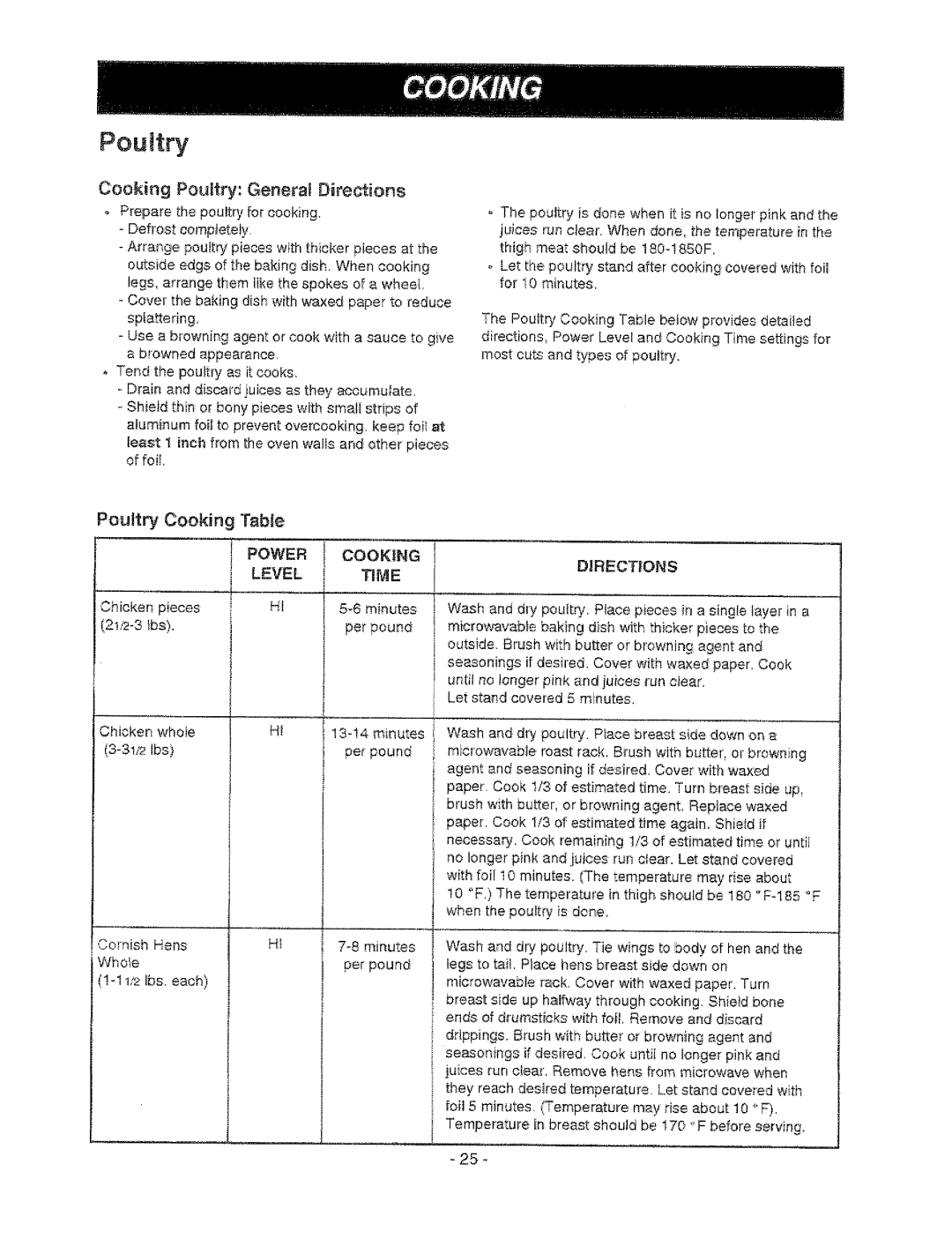 Sears 721.67601, 721.67602 owner manual Cooking Poultry General Directions, Power, Level 