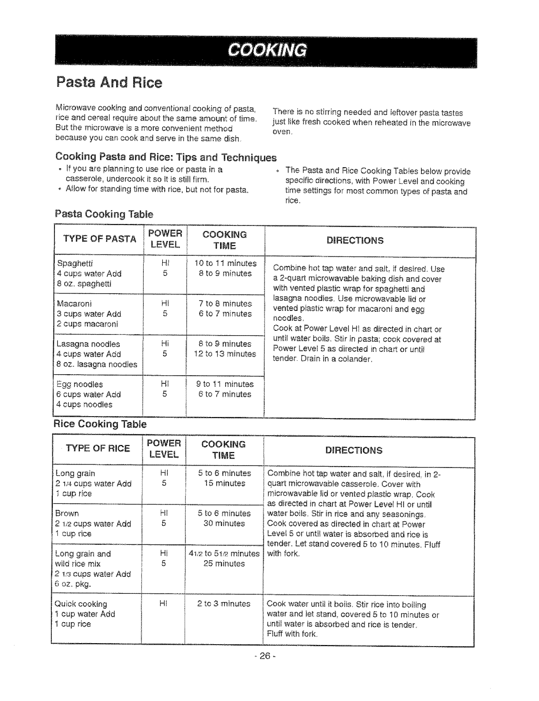 Sears 721.67602, 721.67601 owner manual Cooking Pasta and Rice Tips and Techniques, Rice Cooking Table, Level, Directions 