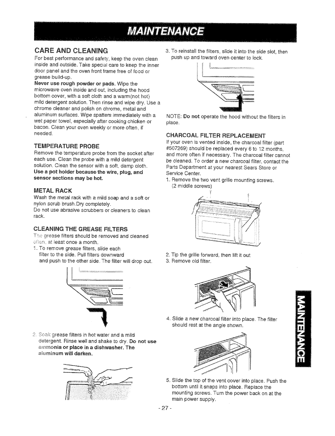 Sears 721.67601 Care and Cleaning, Temperature Prose, Metal Rack, Charcoal Flter Replacement, Cleaning the Grease Rlters 