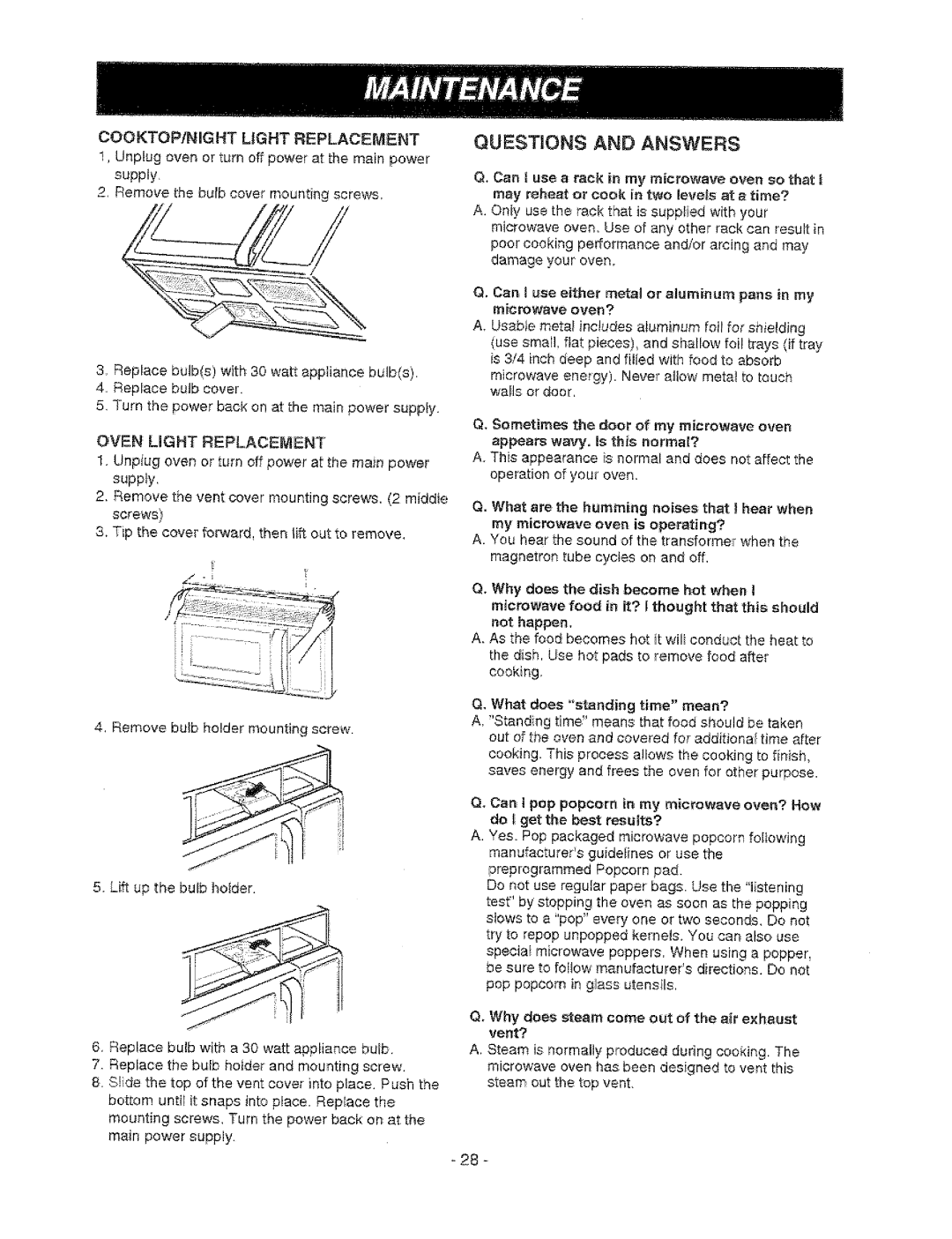 Sears 721.67601, 721.67602 owner manual Questions and Answers, COOKTOPffIGHT Light Replacement, Oven Light Replacement 