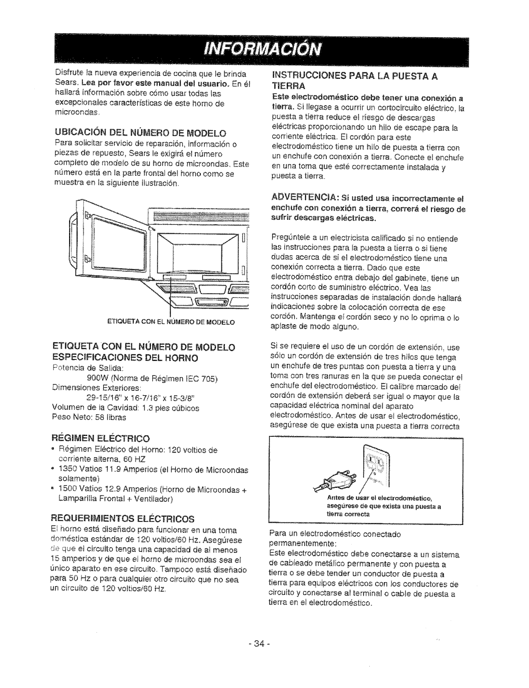 Sears 721.67601 Requerimientos Electricos, Instrucciones Para LA Puesta a Tierra, Sufrir deseargas electricas 