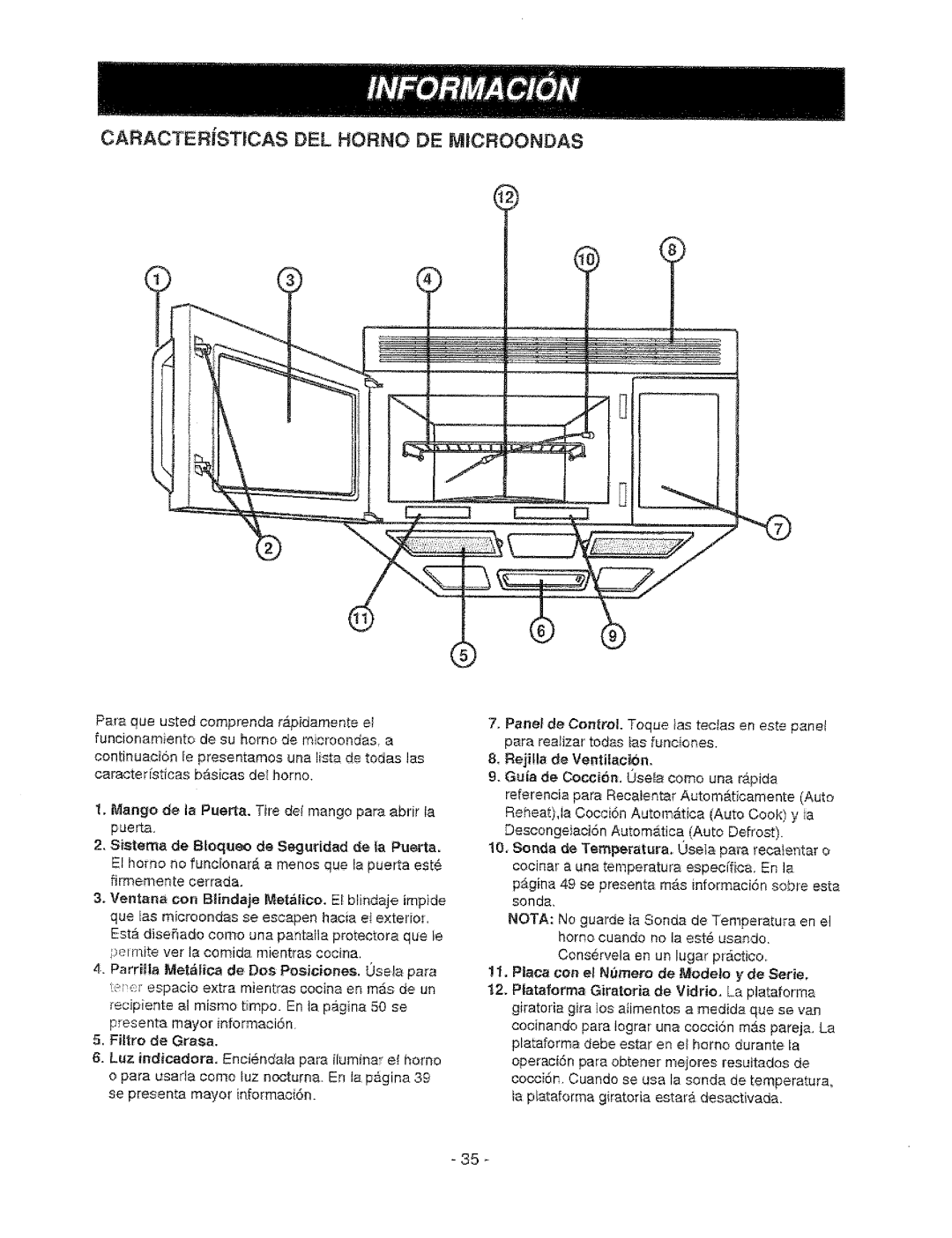 Sears 721.67602, 721.67601 CARACTERiSTiCAS DEL Horno DE r Icroondas, 11, Placa con et Nurnero de Modelo y de Serie 