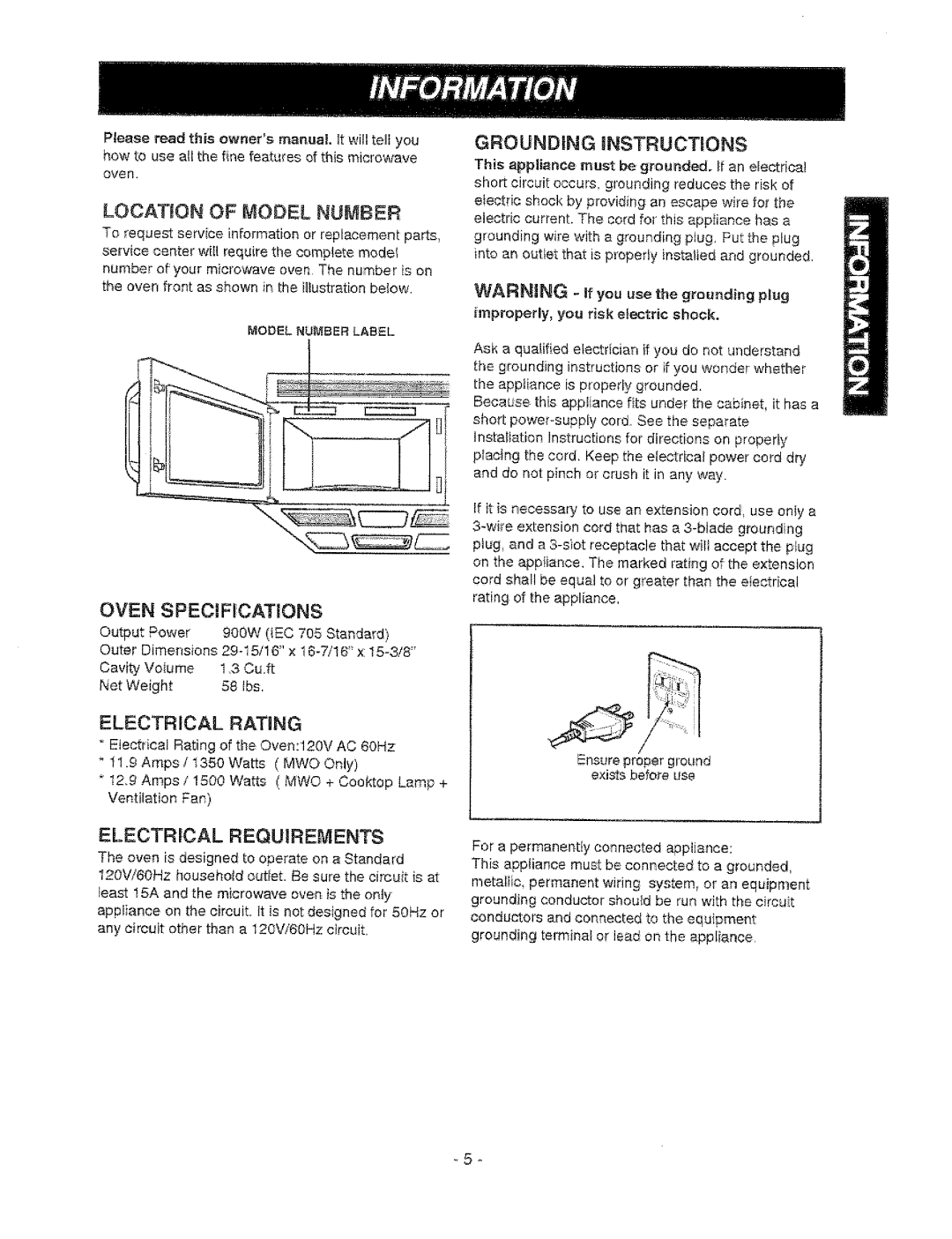 Sears 721.67602, 721.67601 Location of Model Number, Oven Specifications, Grounding Instructions, Electrical Requirements 