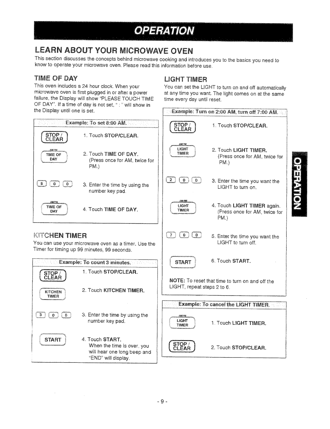 Sears 721.67601, 721.67602 owner manual Time of DAY, Ohen Tmer, Ught Timer, Start 