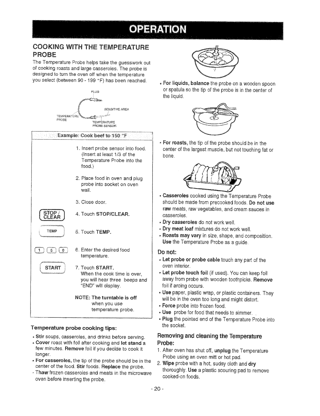 Sears 721.67602, 721.67601 owner manual Cooking With The Temperature Probe, Touch STOP/CLEAR, Temperature probe cooking tips 