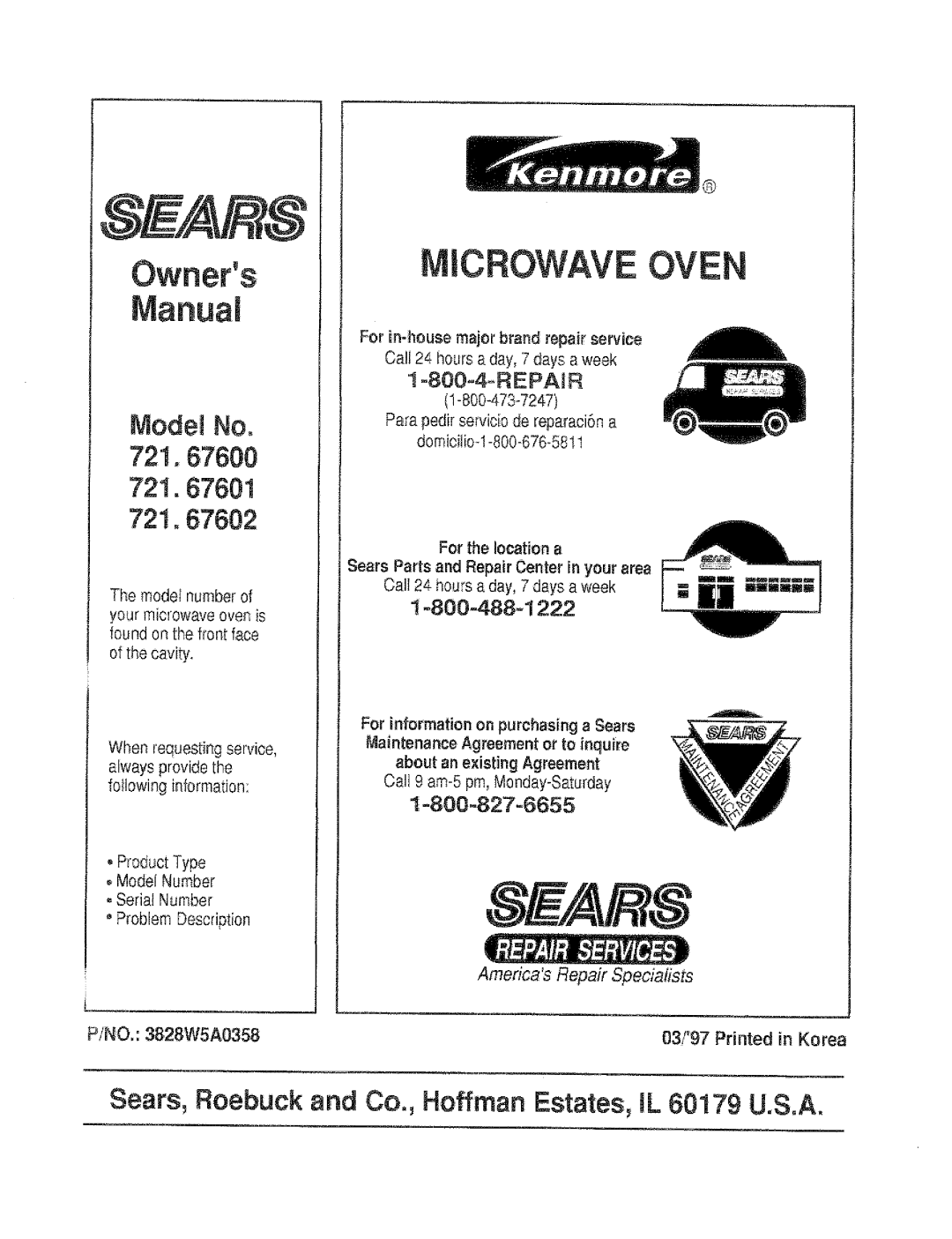 Sears Oven, Mode1 No 7211,67600 721.67601 72t.67602, 1-800o4_REPAJR, 1-800-827--6655, The modet numberof, of the cavity 