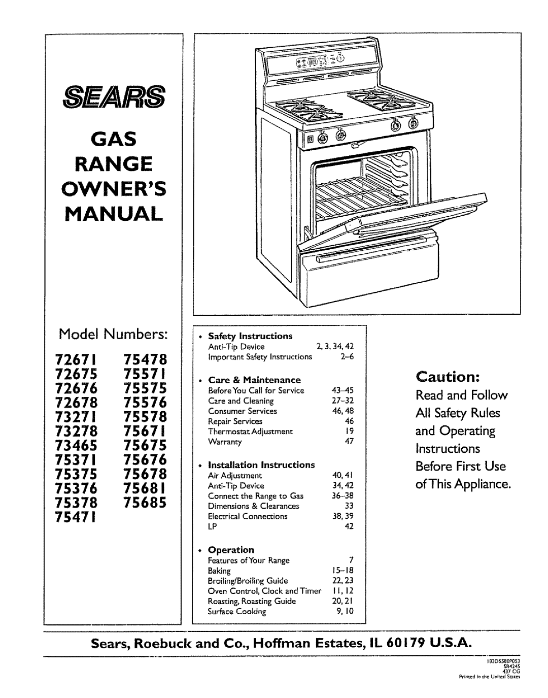 Sears 72675, 72671, 75471, 72678, 73271, 75376, 72676, 75378, 75375, 73278, 73465, 75371, 75571, 75478, 75575 owner manual 6E/.aR8 