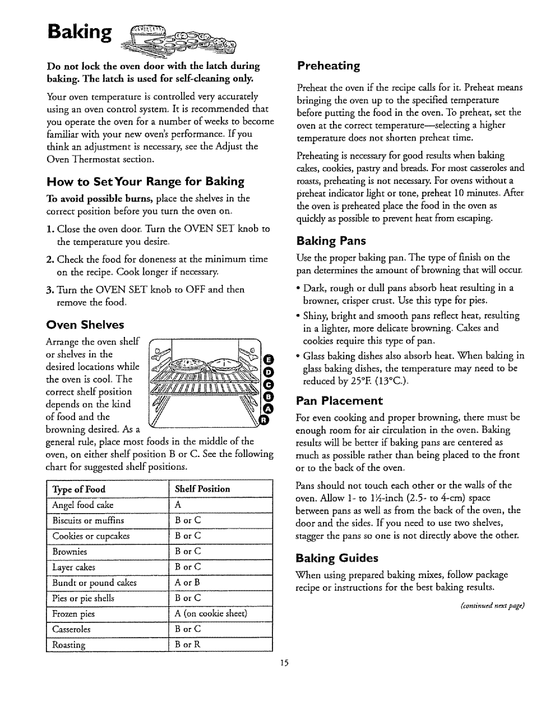 Sears 72671, 72675, 75471, 72678, 73271, 75376, 72676 How to SetYour Range for Baking, Shelves, Preheating, Baking Guides 