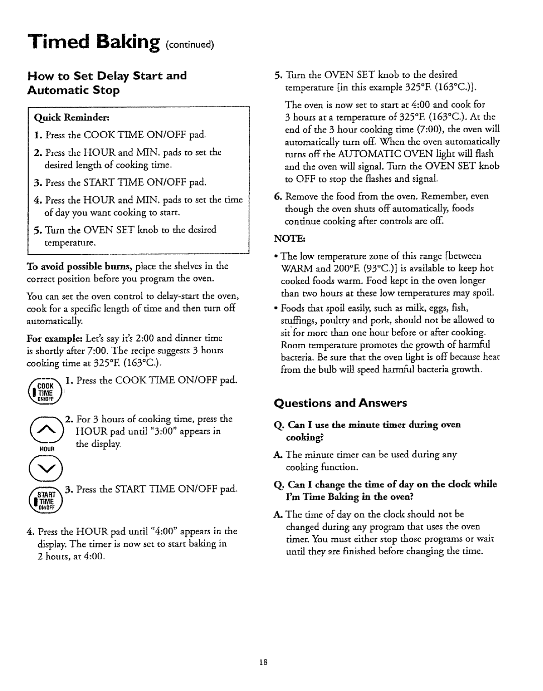 Sears 72678, 72671 Timed Baking, Cookin, 0uB the display, Questions and Answers, How to Set Delay Start Automatic Stop 