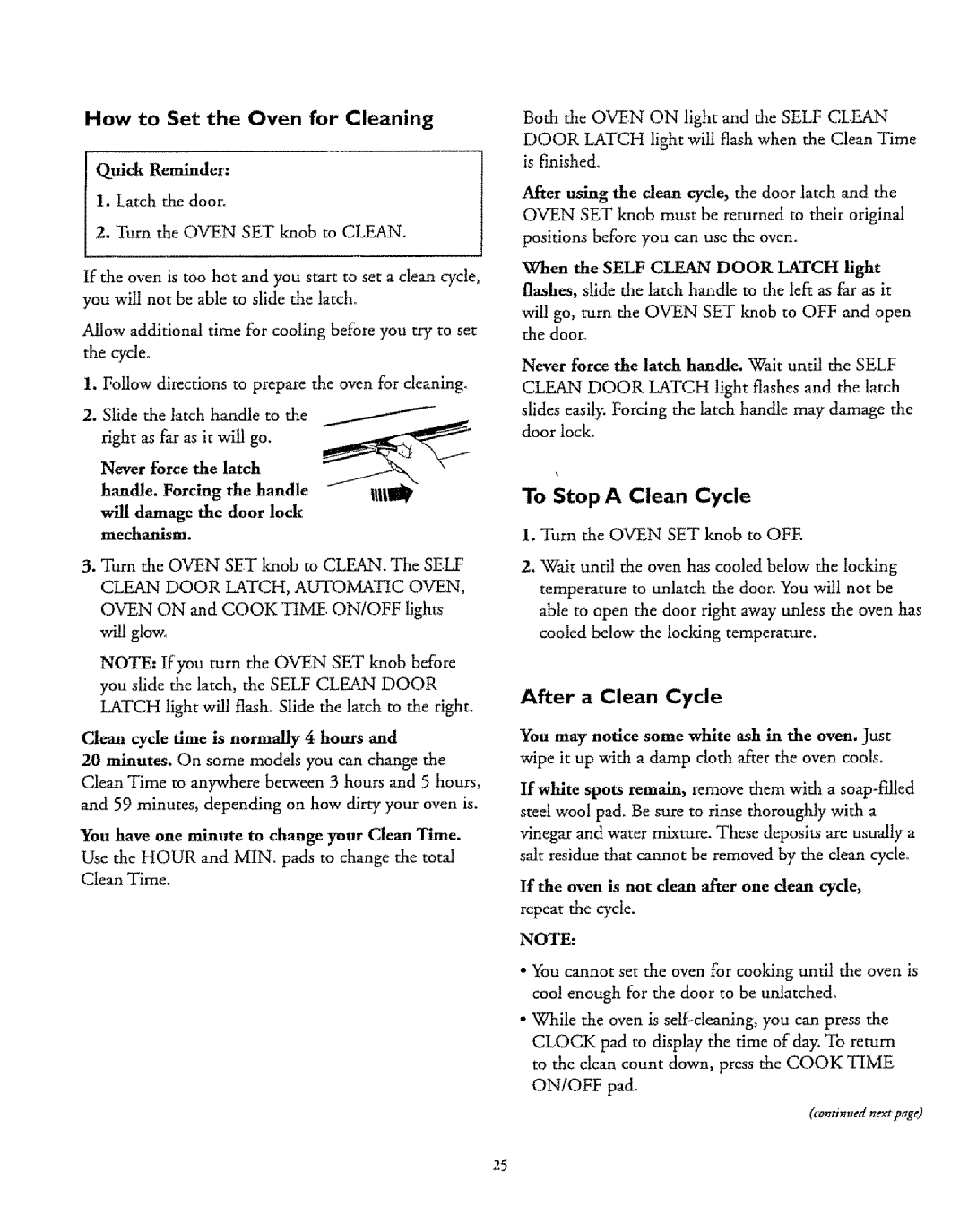 Sears 73465, 72671, 72675 To Stop a Clean Cycle, How to Set the Oven for Cleaning, After a Clean Cycle, Quick Reminder 