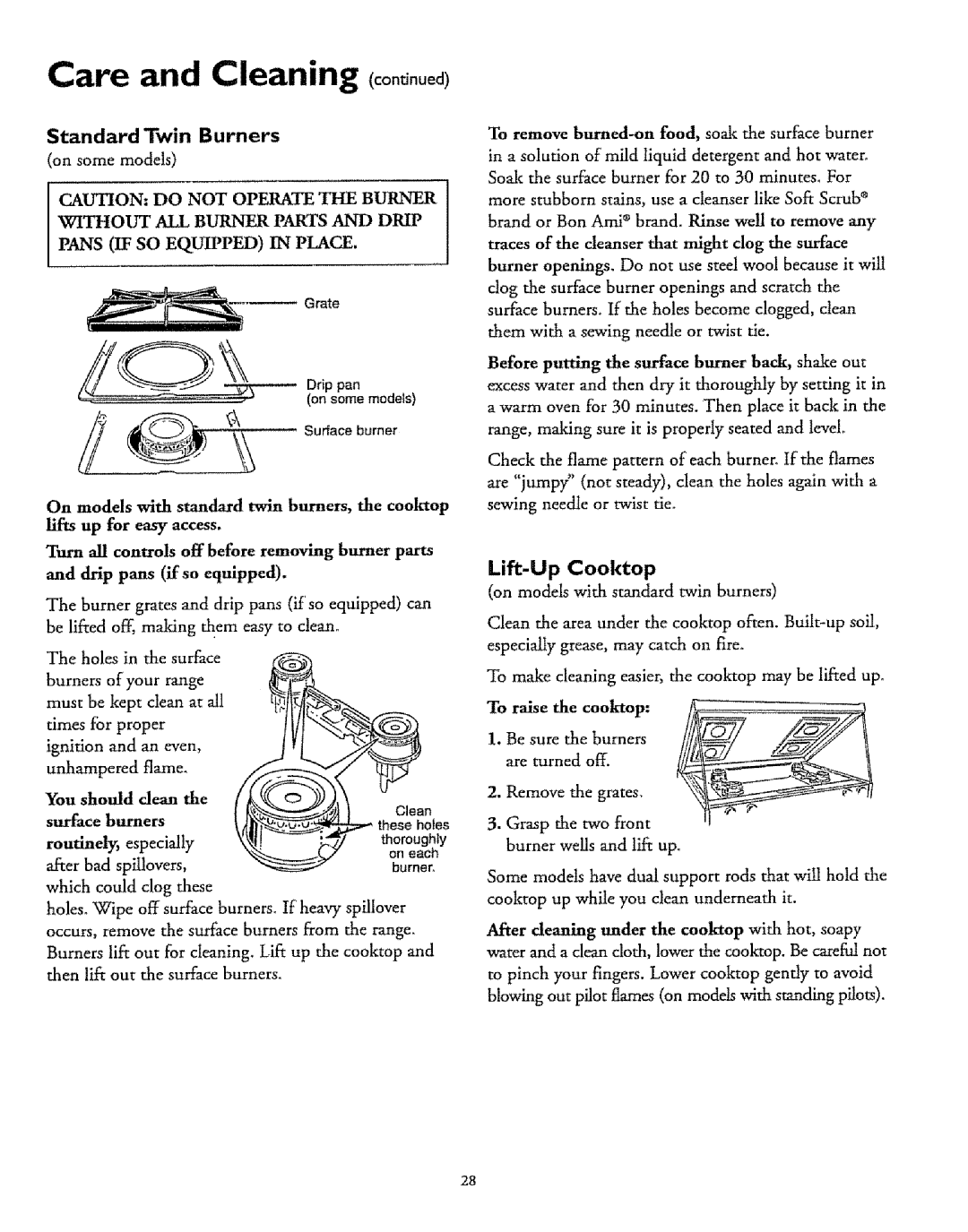 Sears 75478, 72671, 72675 Care and Cleaning coo oood, Lift-Up Cooltop, Turn all controls off before removing burner parts 