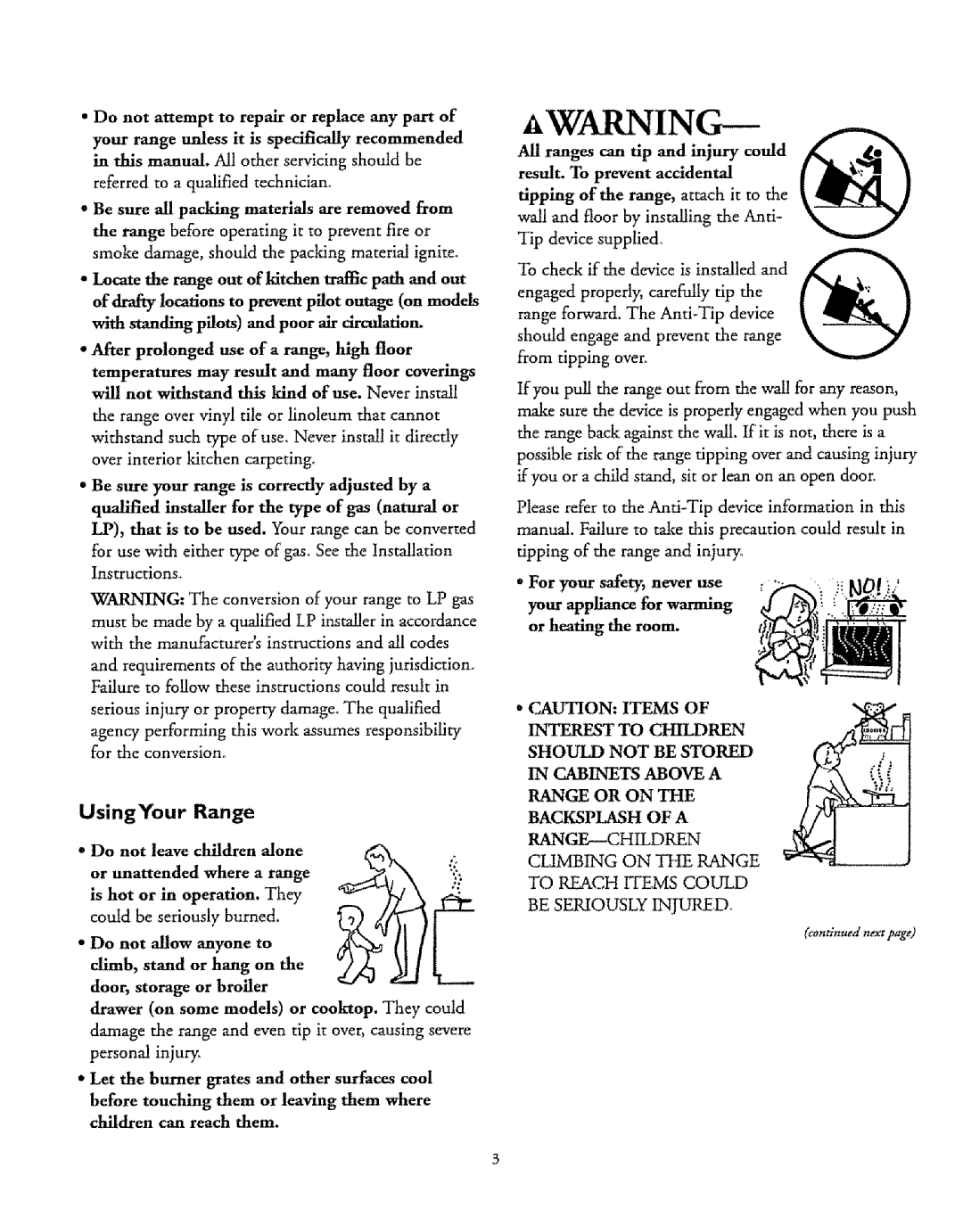 Sears 72678, 72671 UsingYour Range, Make sure the device is properly engaged when you push, Tipping of the range Injury 