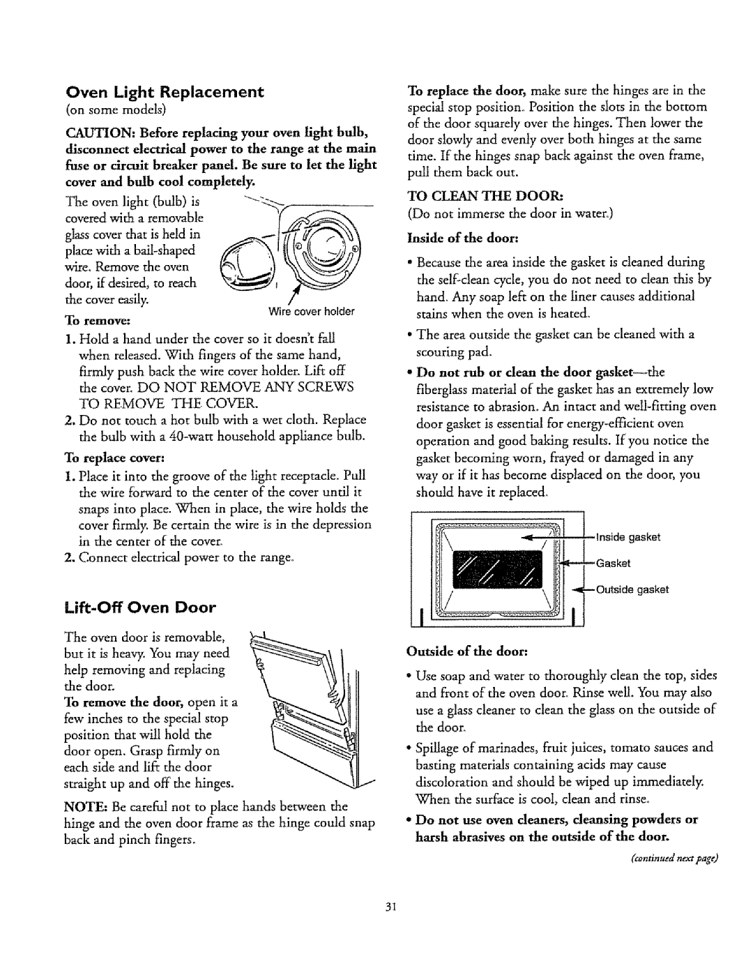 Sears 72675, 72671, 75471, 72678 Lift-Off Oven Door, On some models, Inside of the door, Outside of the door, To remove 