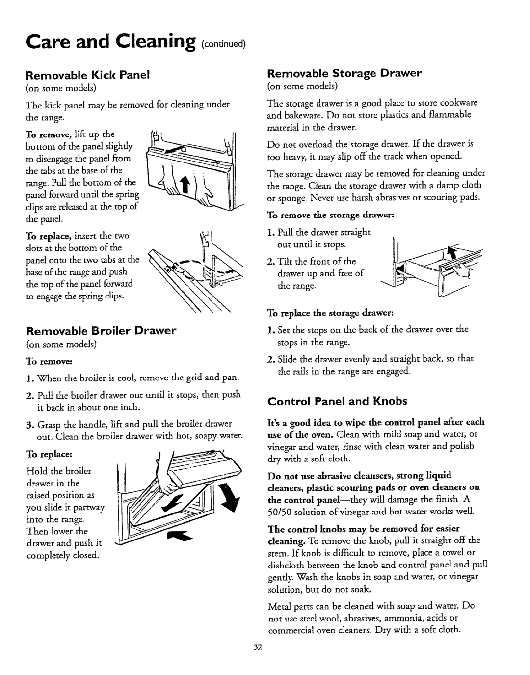 Sears 75471, 72671, 72675, 72678, 73271 Care and Cleaning oo iouod, To remove, Removable Kick Panel, Control Panel and Knobs 