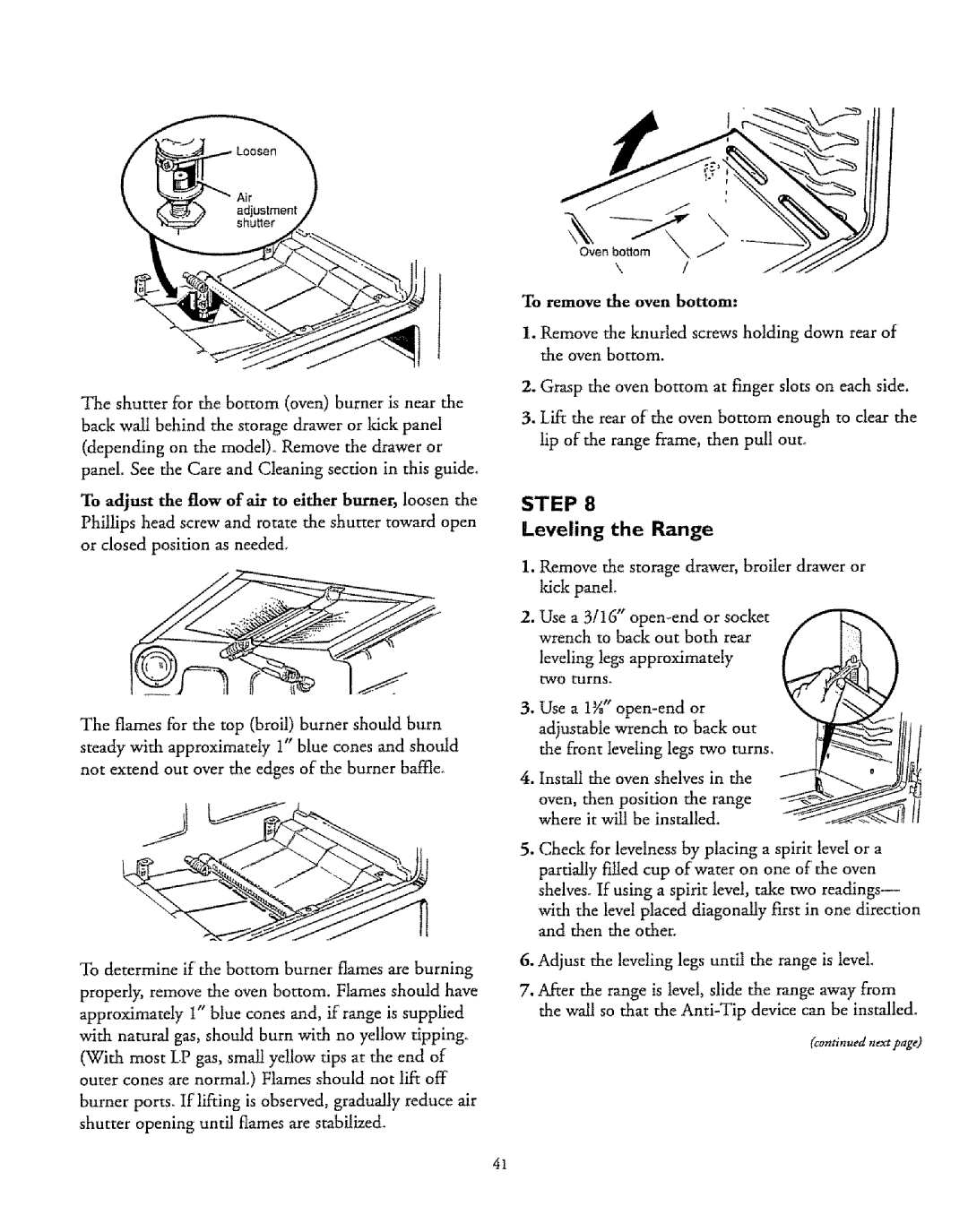 Sears 75371, 72671, 72675, 75471, 72678, 73271, 75376, 72676, 75378, 75375, 73278 Leveling the Range, To remove the oven bottom 