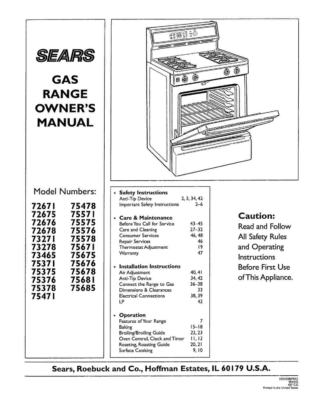 Sears 72675 owner manual Model Numbers, 6E/.aR8, Gas Range Owners Manual, Read and Follow, Safety Rules, and Operating 