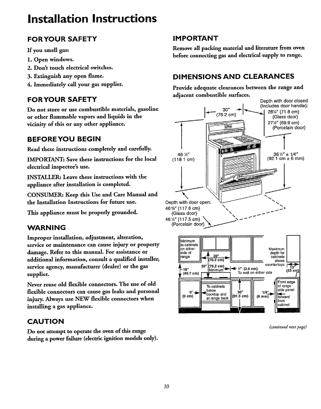 Sears 72678, 72671, 72675, 75471 Installation Instructions, Foryour Safety, _t_----.-28_zt.8cm, Dimensions And Clearances 