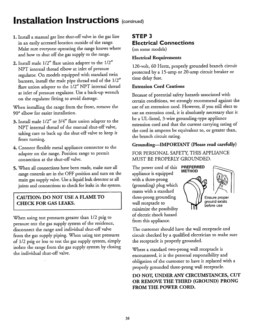 Sears 75375 Installation Instructions continued, Hectrical Requirements, Grounding--IMPORTANT Please read carefully, Ii 