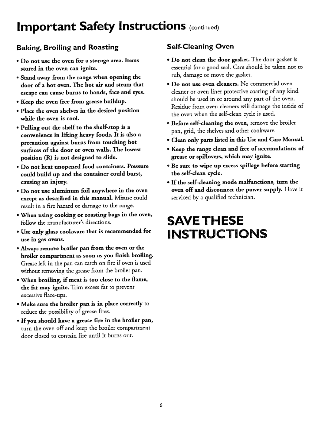 Sears 72676, 72671, 72675 Save These Instructions, Important Safety Instructions continued, Baking, Broiling and Roasting 