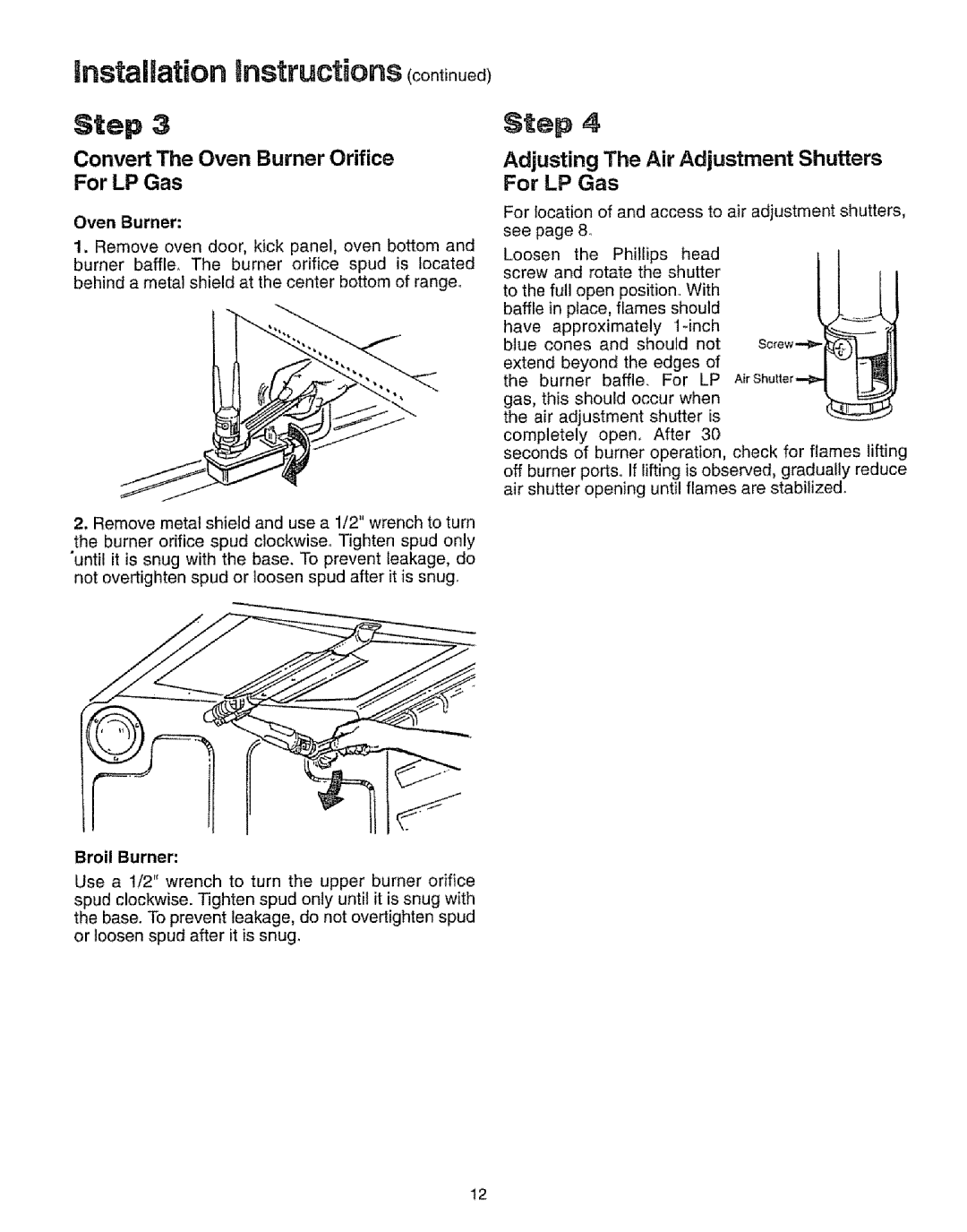 Sears 73321, 73328 Convert The Oven Burner Orifice, Adjusting The Air Adjustment Shutters For LP Gas, Broil Burner 