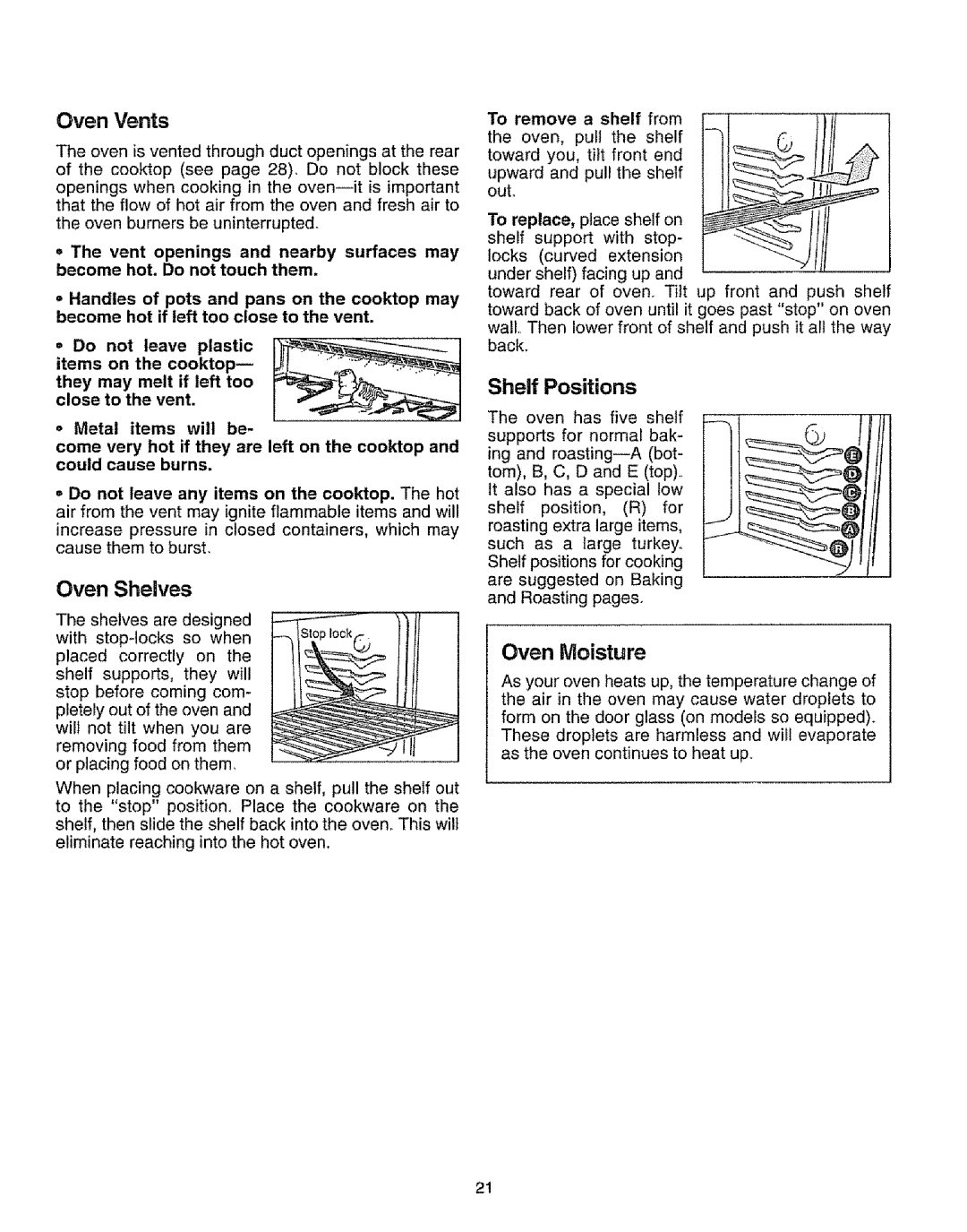 Sears 73318, 73328, 73321, 73311 manual Oven Vents, Oven Shelves, Shelf Positions, Oven Moisture 