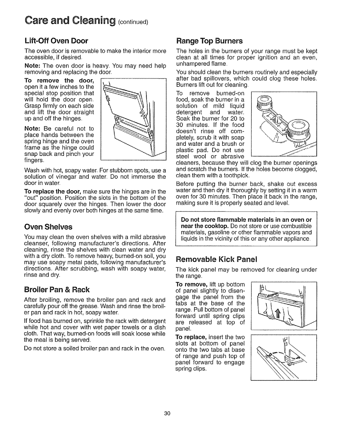 Sears 73311, 73328 manual Care and CReaning, Lift-Off Oven Door, Broiler Pan & Rack, Range Top Burners, Removable Kick Panel 