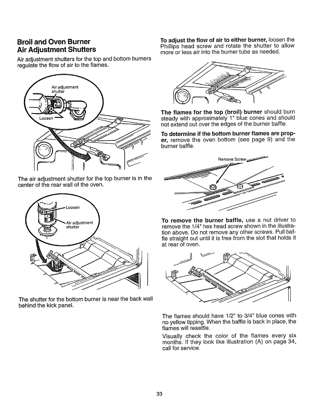 Sears 73318, 73328, 73321, 73311 manual Broil and Oven Burner, Air Adjustment Shutters, Flow Air, Burner, loosen 