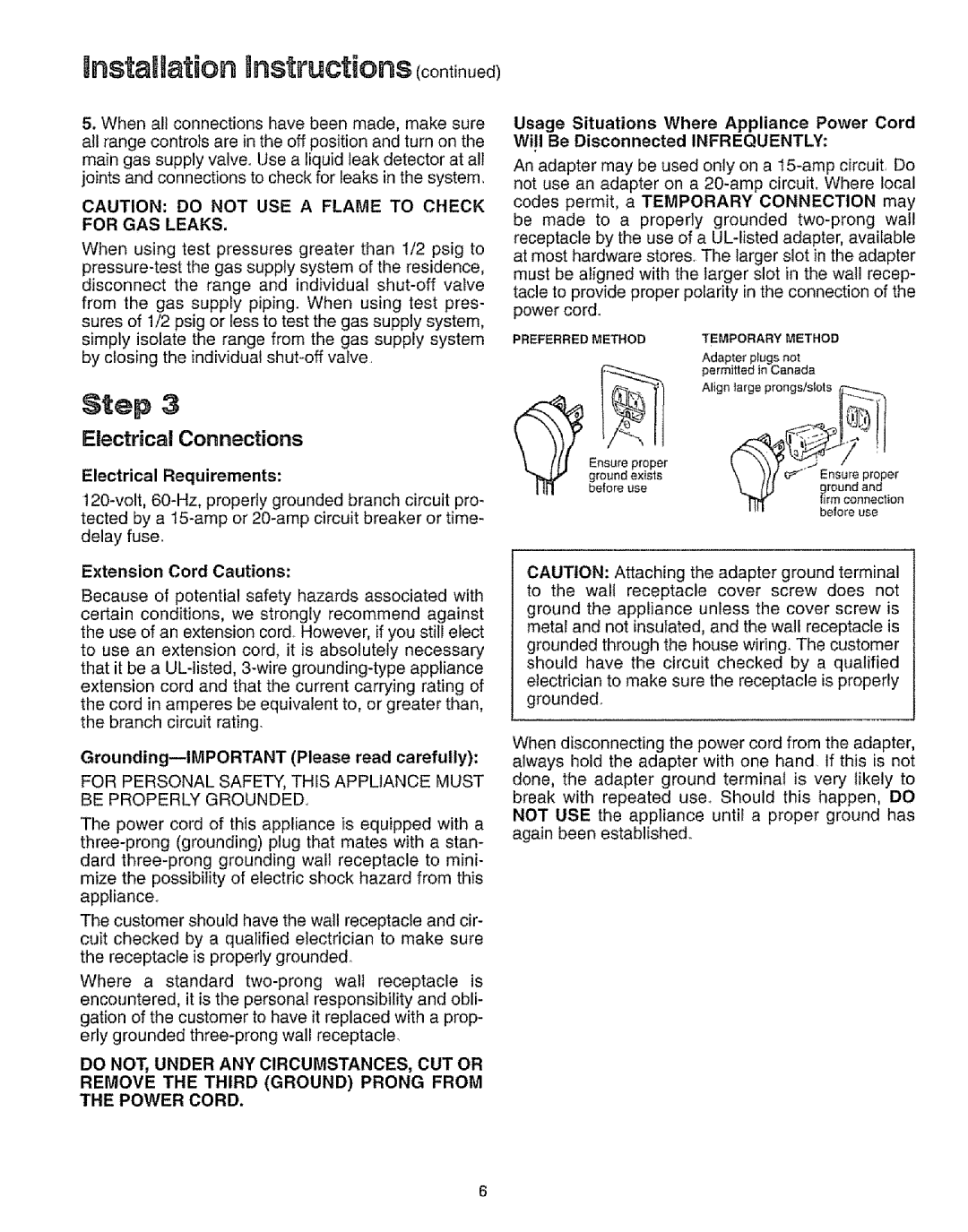 Sears 73311 Installation Unstructions coothued, Electrical Connections, Electrical Requirements, Extension Cord Cautions 