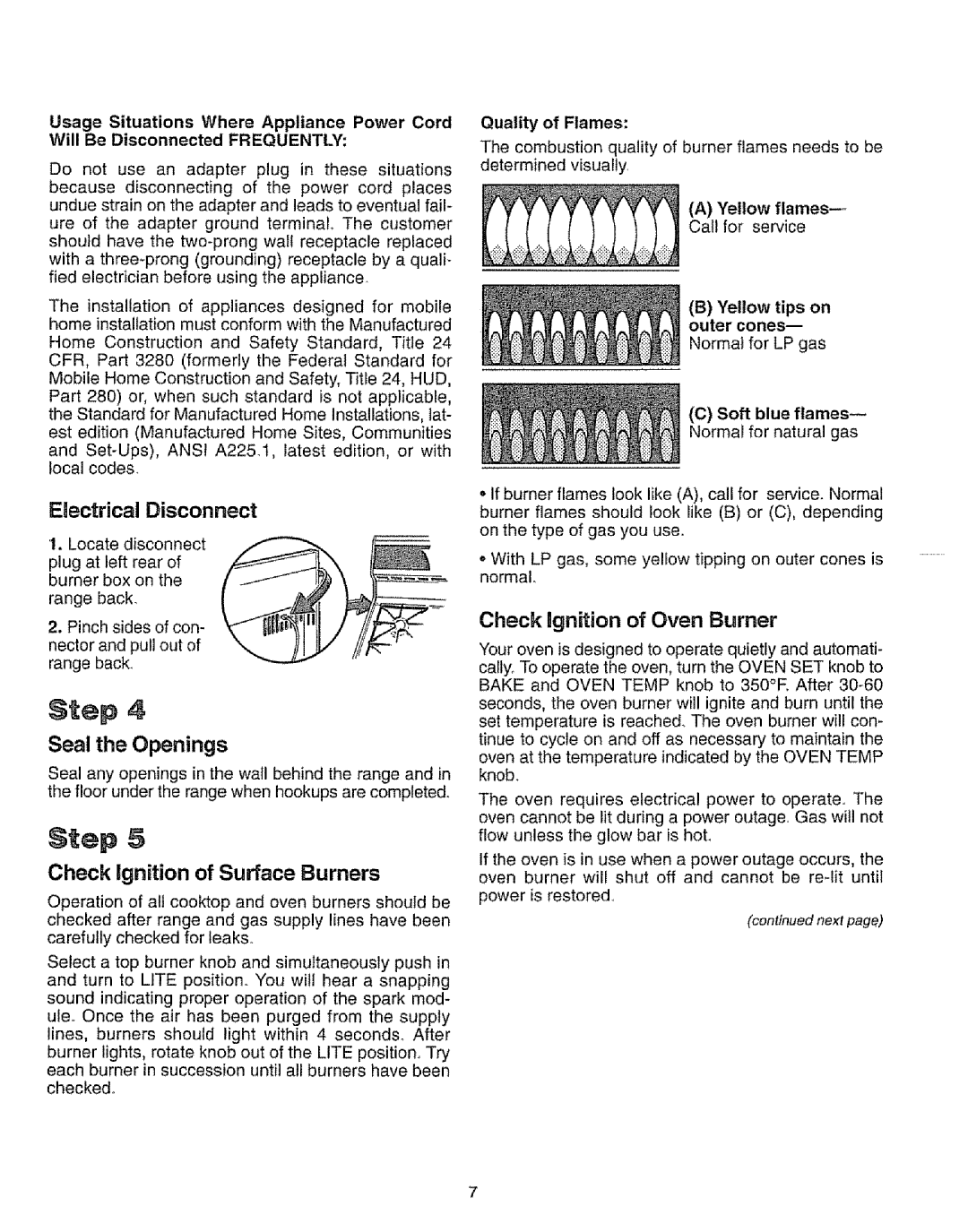 Sears 73328 Electrical Disconnect, Seal the Openings, Check Ignition of Surface Burners, Check ngnition of Oven Burner 