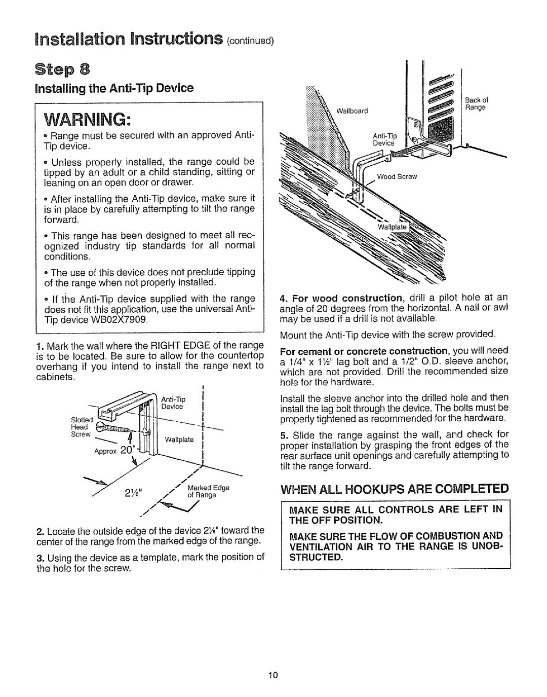 Sears 73311, 73328, 73321 mnstaHUationinstructions continued, Step, Ao i- p, I tJ,11, installing the Anti-Tip Device, Head 