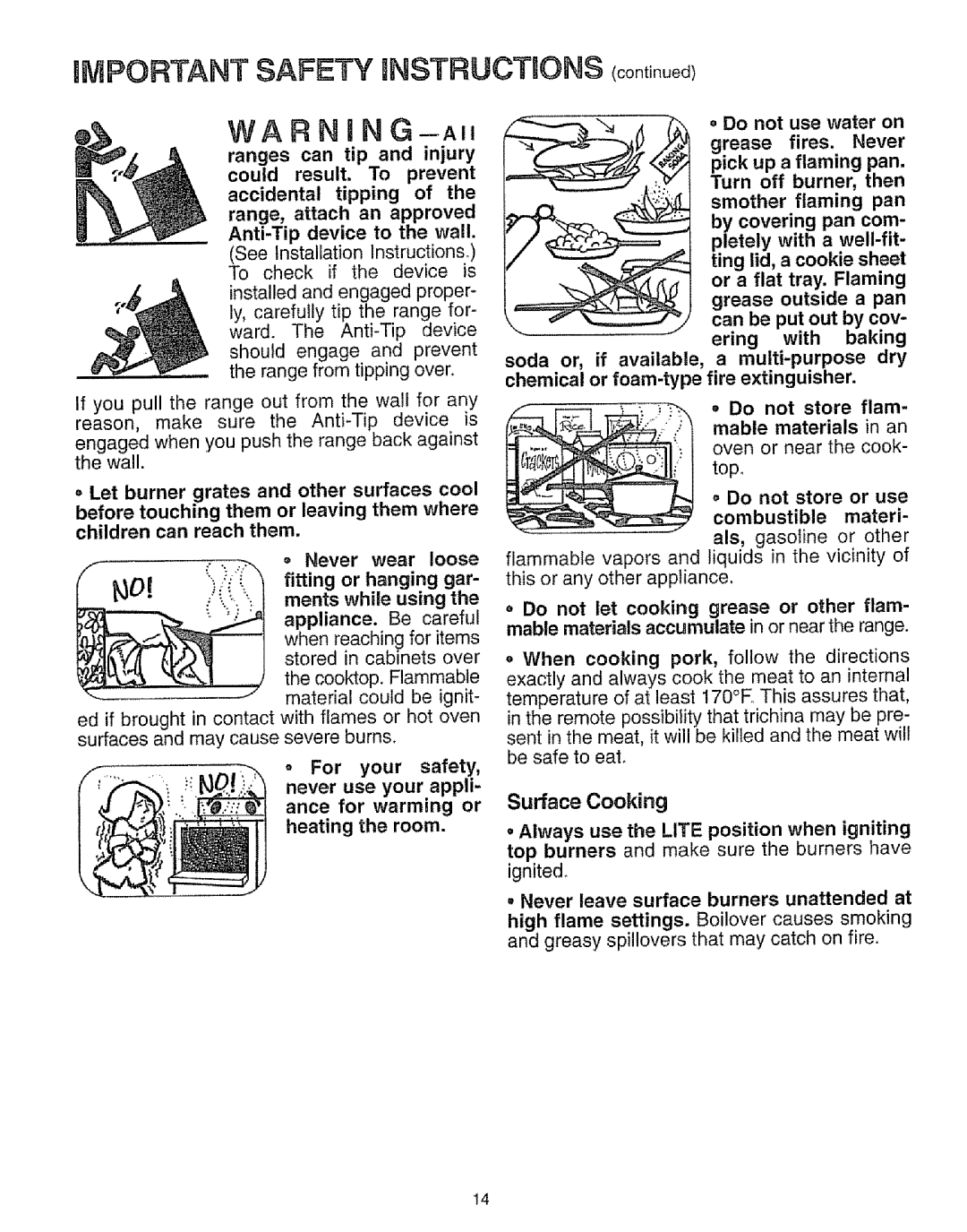 Sears 73311, 73328, 73321, 73318 manual IMPORTANT SAFE3= I INSTRUCTIONS continued, WARNING-Am1, Surface Cooking, ering 