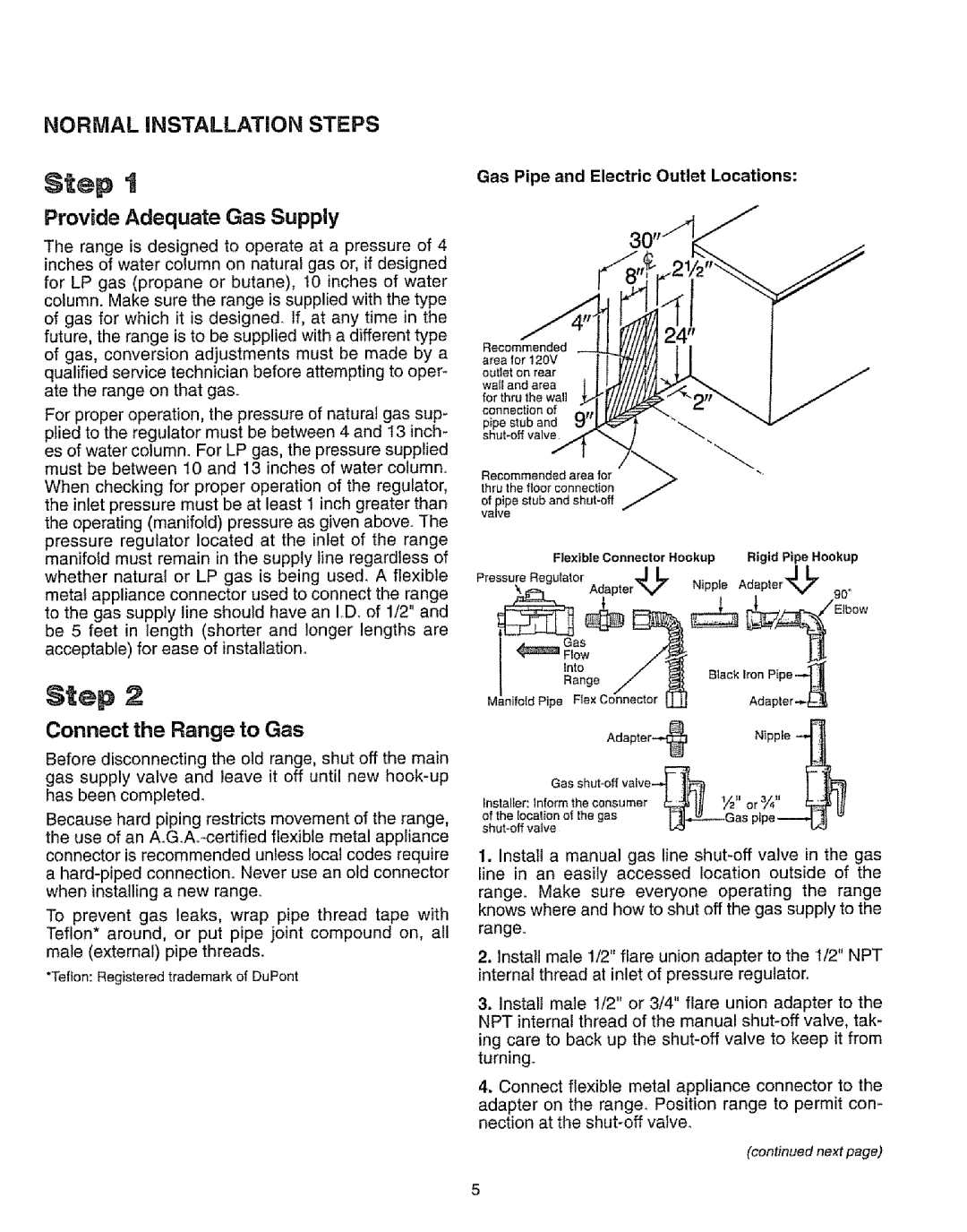 Sears 73318 Step t, Adapter, Nipp e, NORMAL iNSTALLATiON STEPS, Provide Adequate Gas Supply, Connect the Range to Gas 