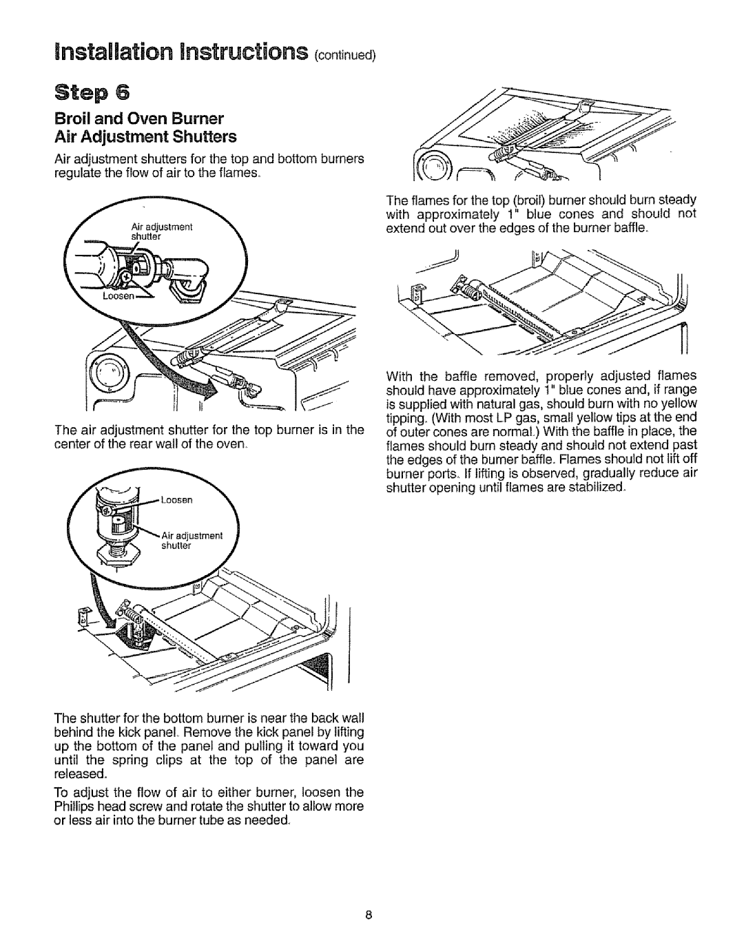 Sears 73321, 73328, 73318, 73311 installation instructions coot ued, Step, Air Adjustment Shutters, Broil and Oven Burner 