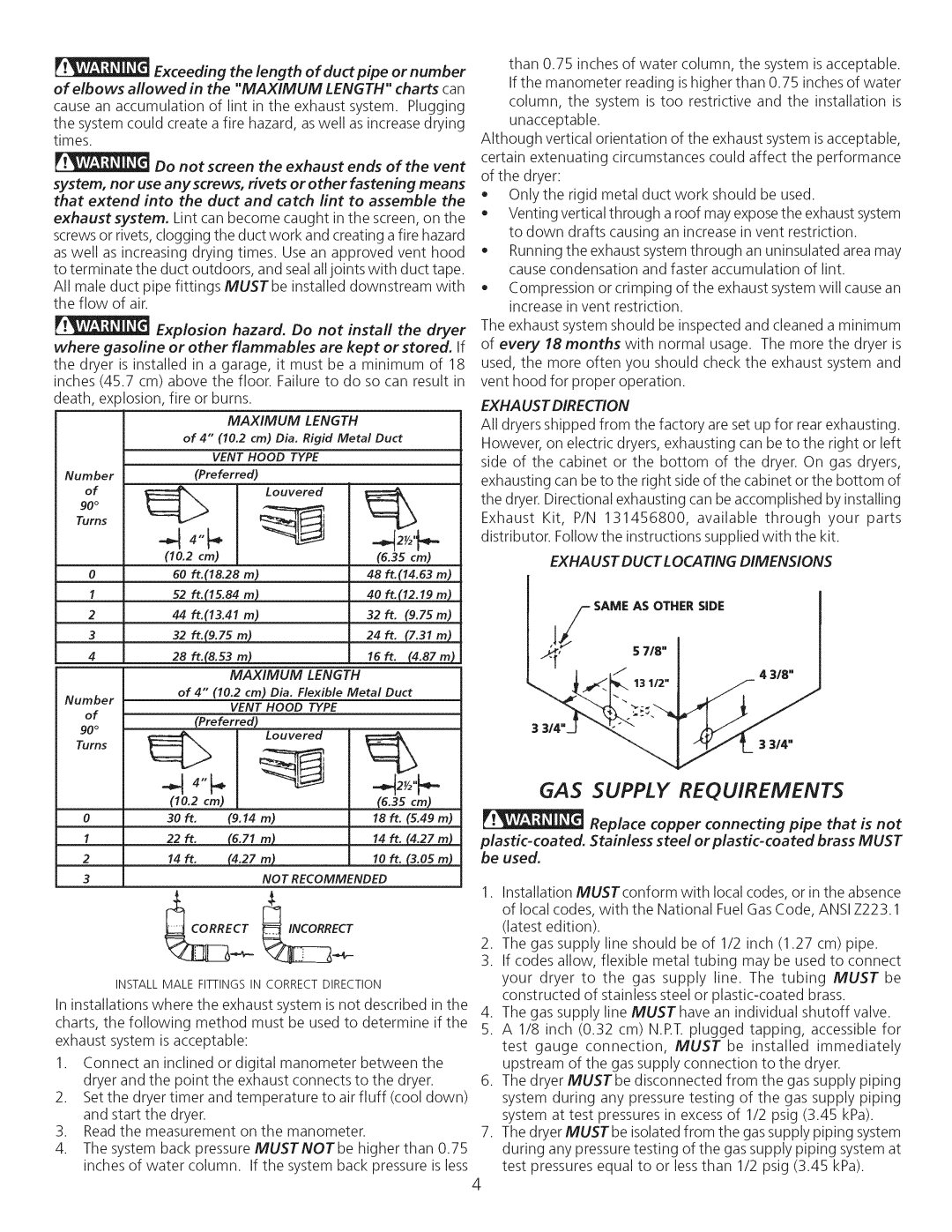 Sears 74182, 64182 manual 35 cm, Maximum Length, Exhaust Direction, Exha Listduct L Ocating Dimensions 