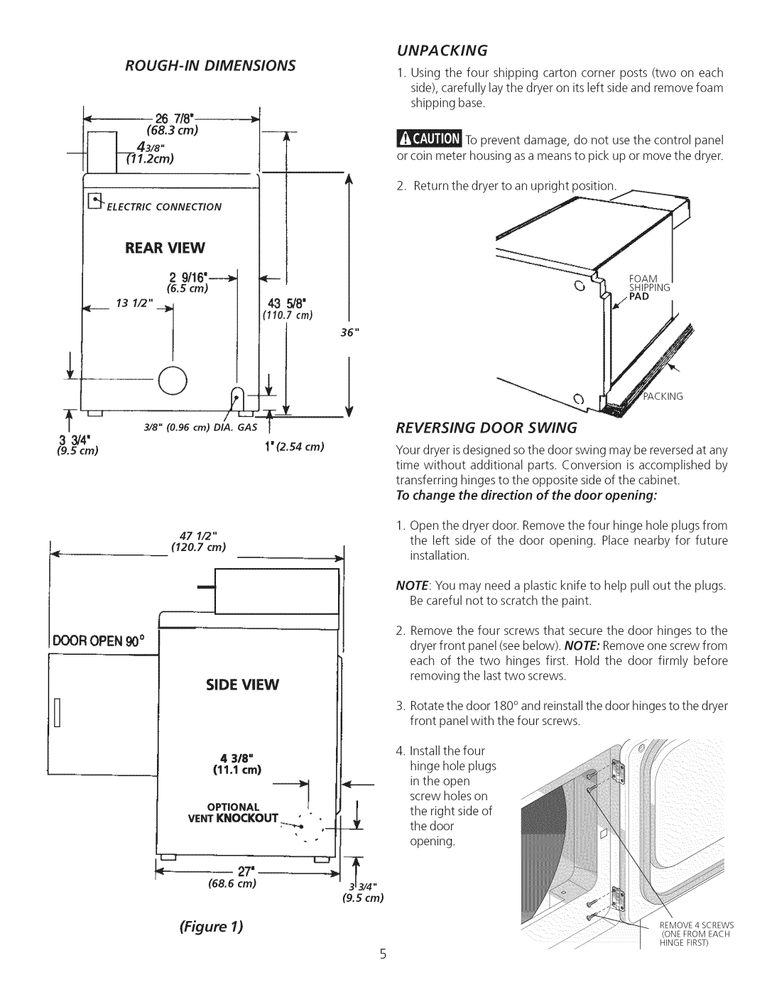 Sears 64182, 74182 manual Unpacking, Rough-Indimensions, Reversing Door Swing 