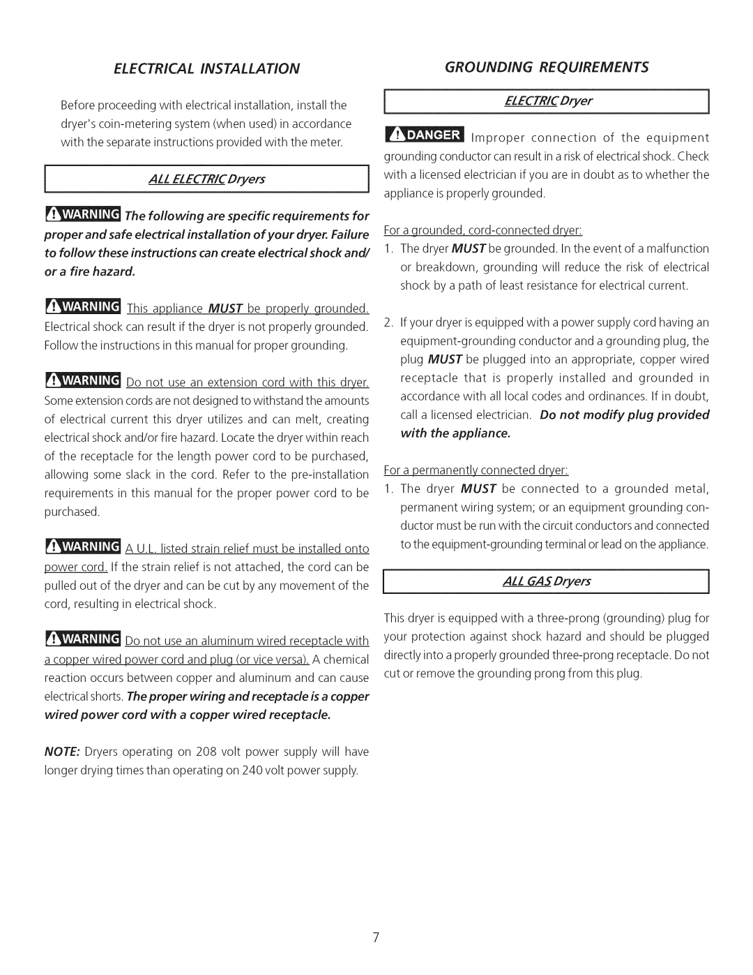 Sears 64182, 74182 manual Grounding Requirements, Electrical, Accordance with all local codes and ordinances. If in doubt 