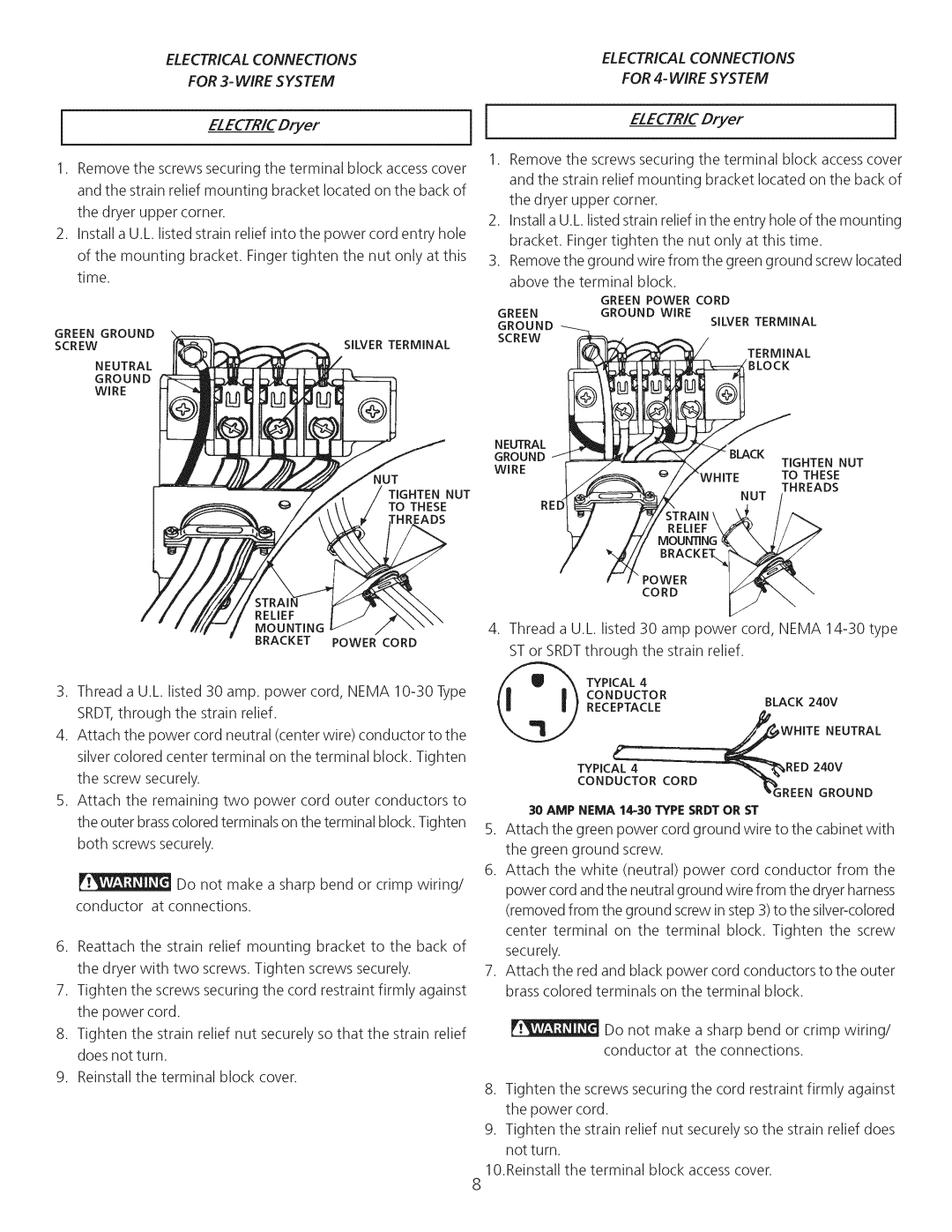 Sears 74182, 64182 manual Electricalconnections For 3-WIRE System For 4-WIRE System 