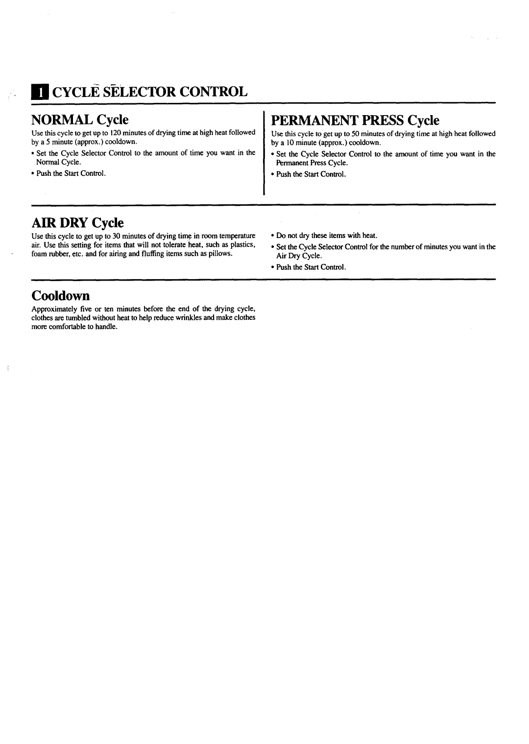 Sears 64291, 74291 manual Ill CYCLi Selector Control Normal Cycle, Permanent Press Cycle, AIR DRY Cycle, Cooldown 