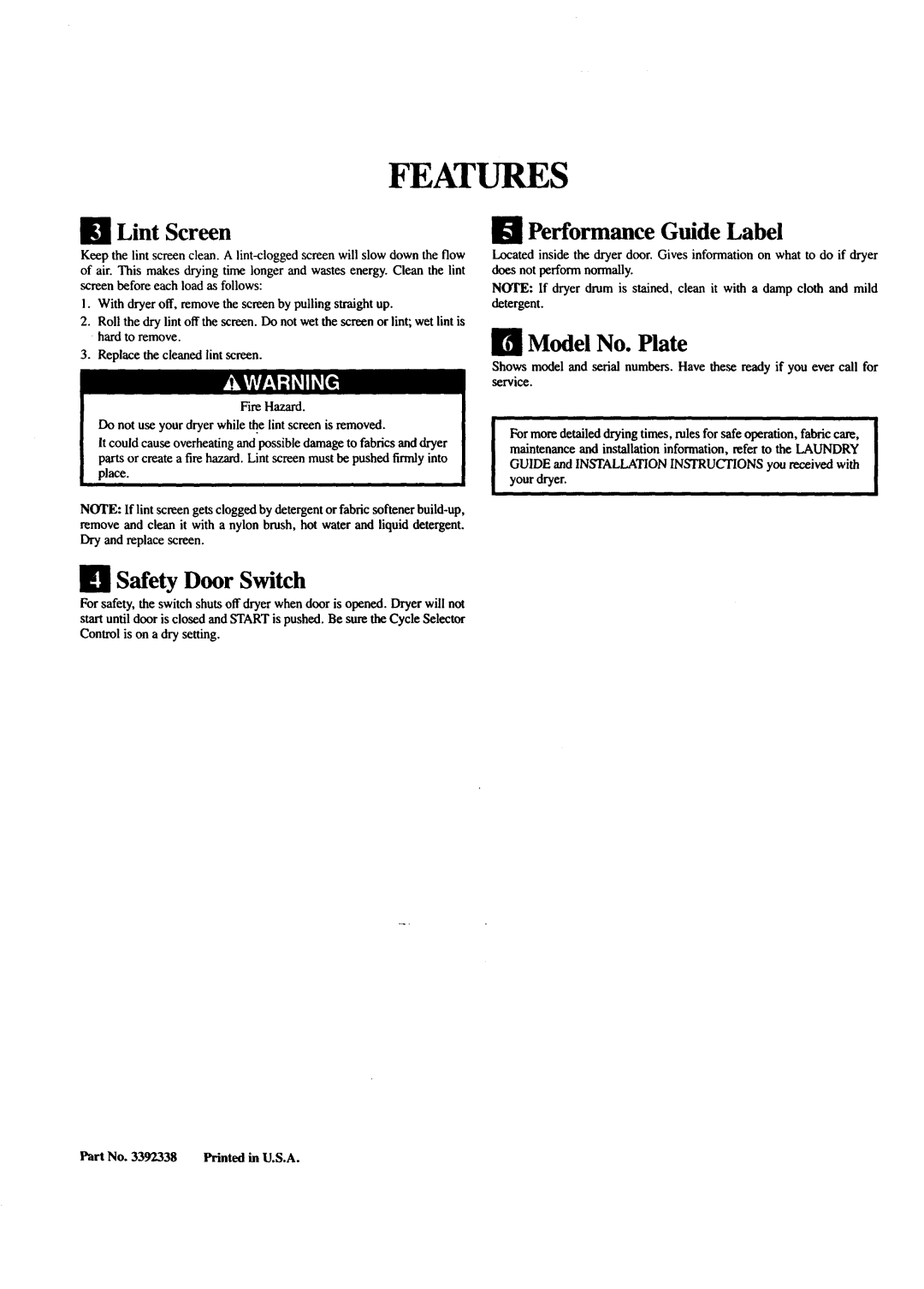 Sears 74291, 64291 manual E1 Lint Screen, E1 Safety Door Switch, Ll Model No. Plate 