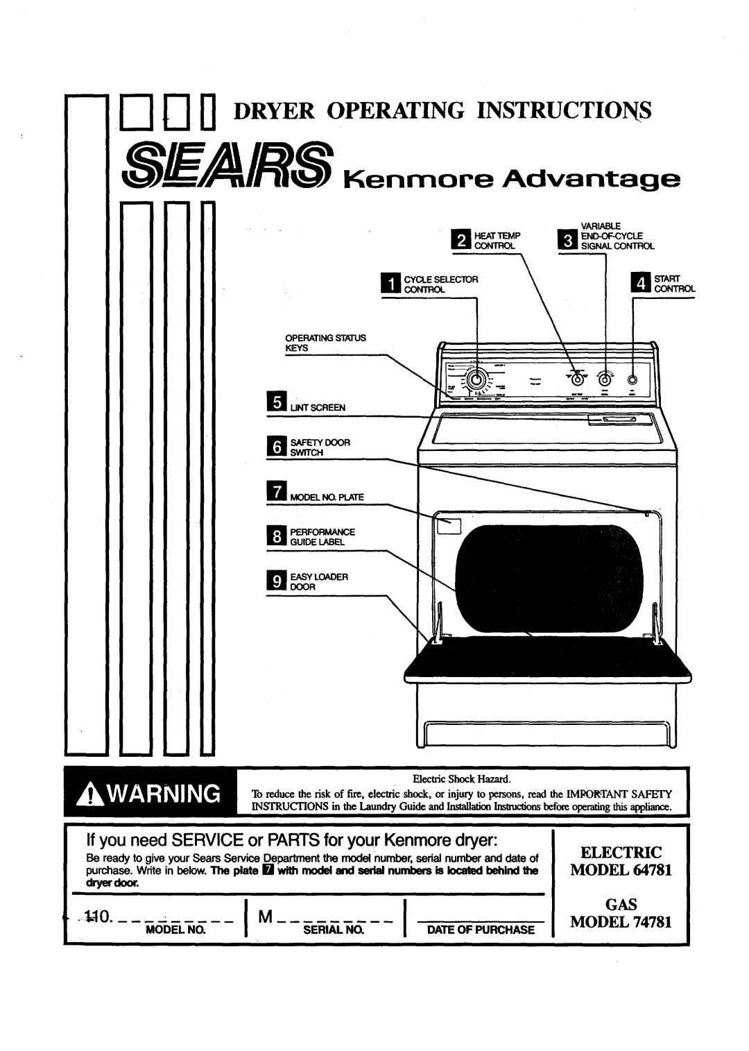 Sears 64781, 74781 manual If you need Service or Parts for your Kenmore dryer 