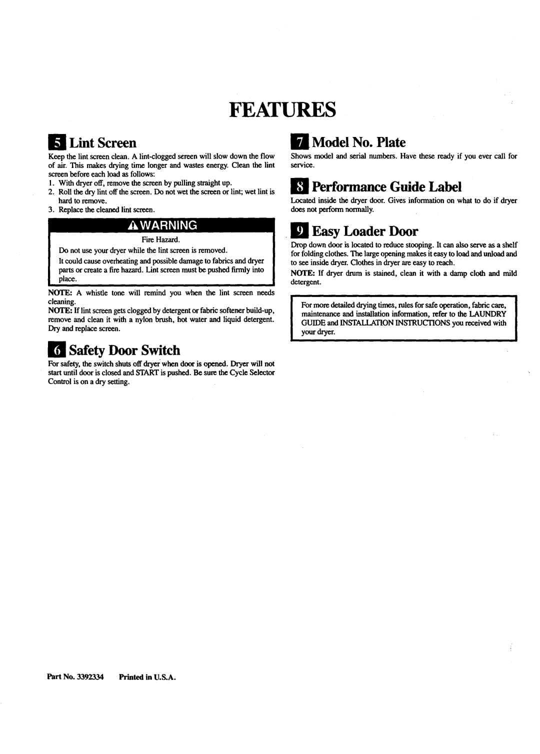 Sears 74781, 64781 Safety Door Switch, E1 Lint Screen, Ik Model No. Plate, Performance Guide Label, El Easy Loader Door 