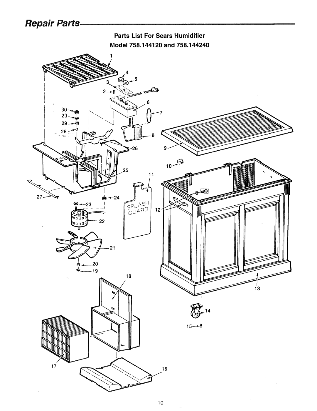 Sears 758.144240 owner manual Repair Parts, Parts List For Sears Humidifier Model 758.144120 