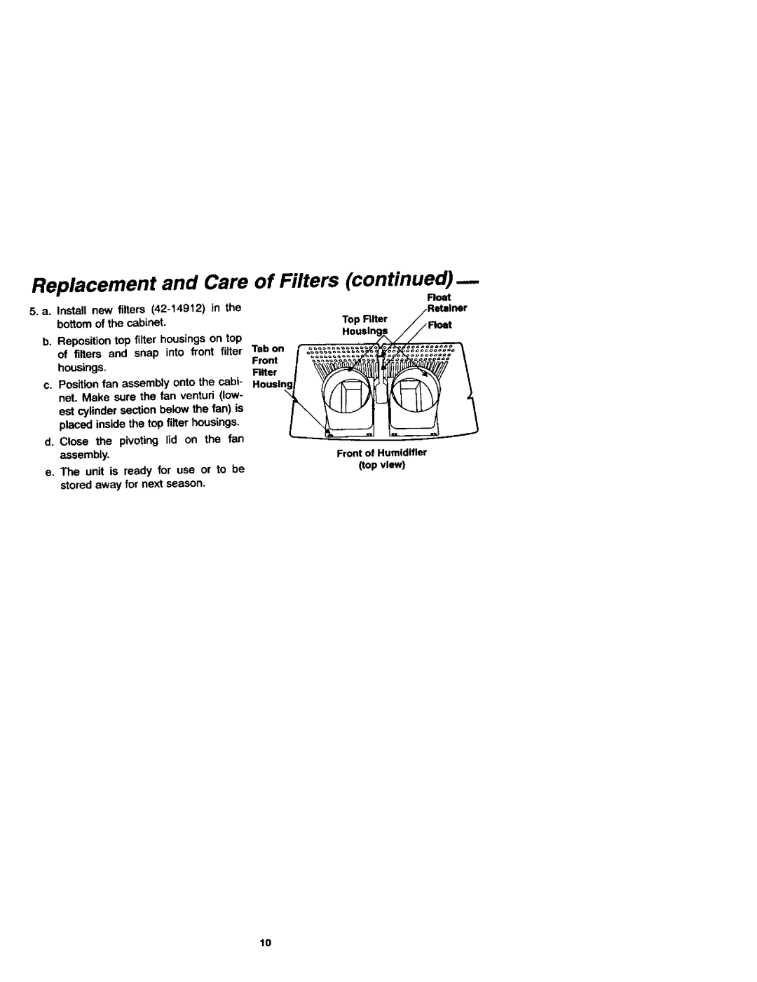 Sears 758.144131 owner manual Replacement and Care, Filters, Float, Top Filter Housing//.oat Tab on Front Houslna 