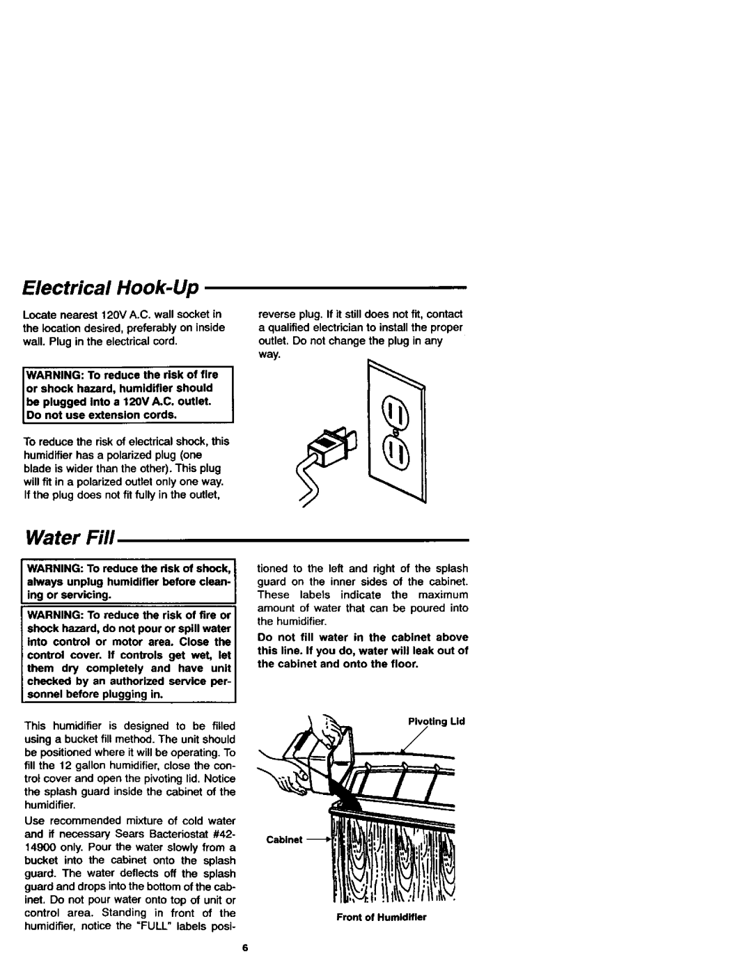 Sears 758.144131 owner manual Electrical Hook-Up, Water Fill, Splash guard inside the cabinet of the humidifier 